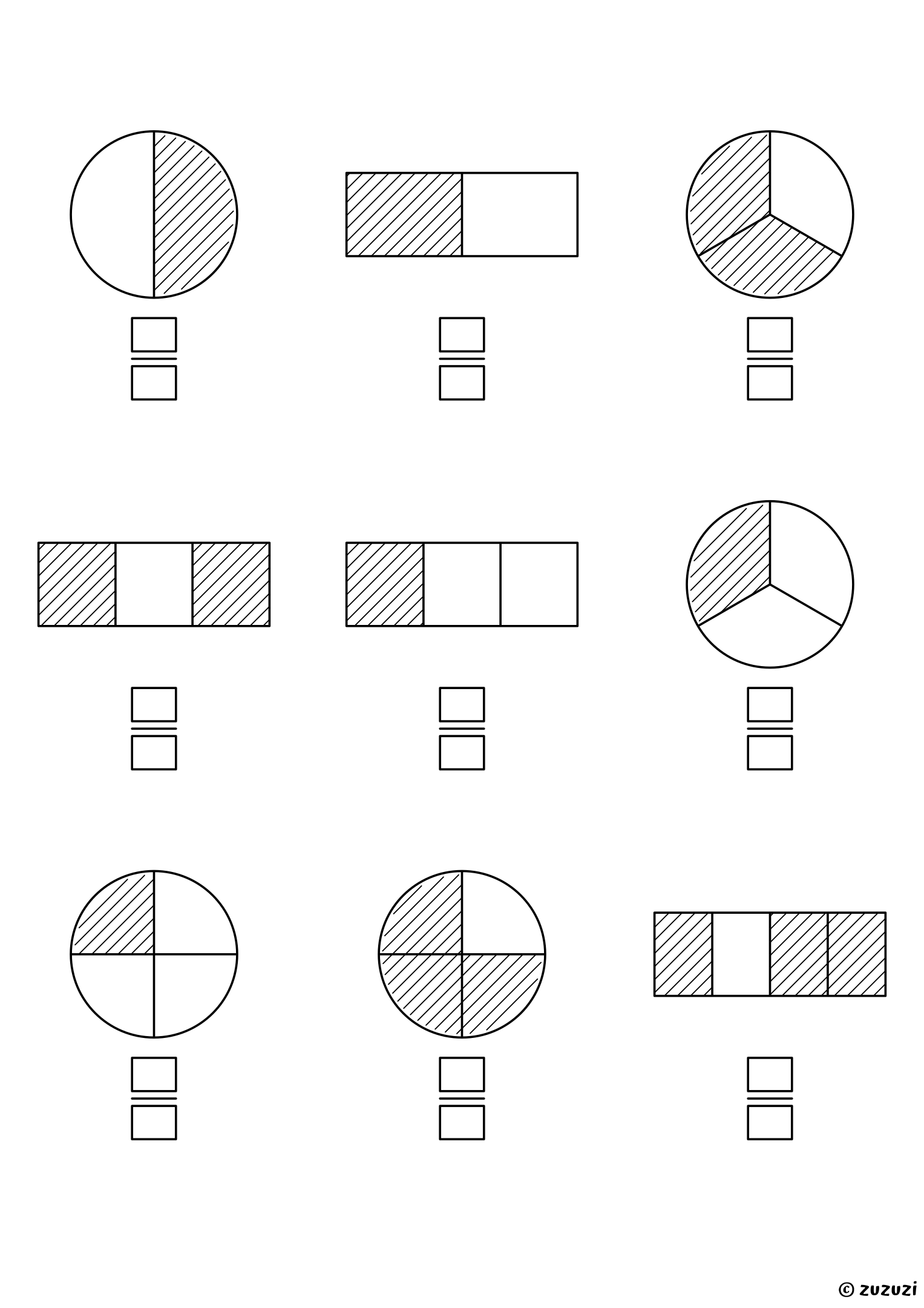 Worksheet with nine circles and bars divided into equal parts, some parts shaded, and two boxes under each shape to write the fraction: halves, thirds, and quarters.
