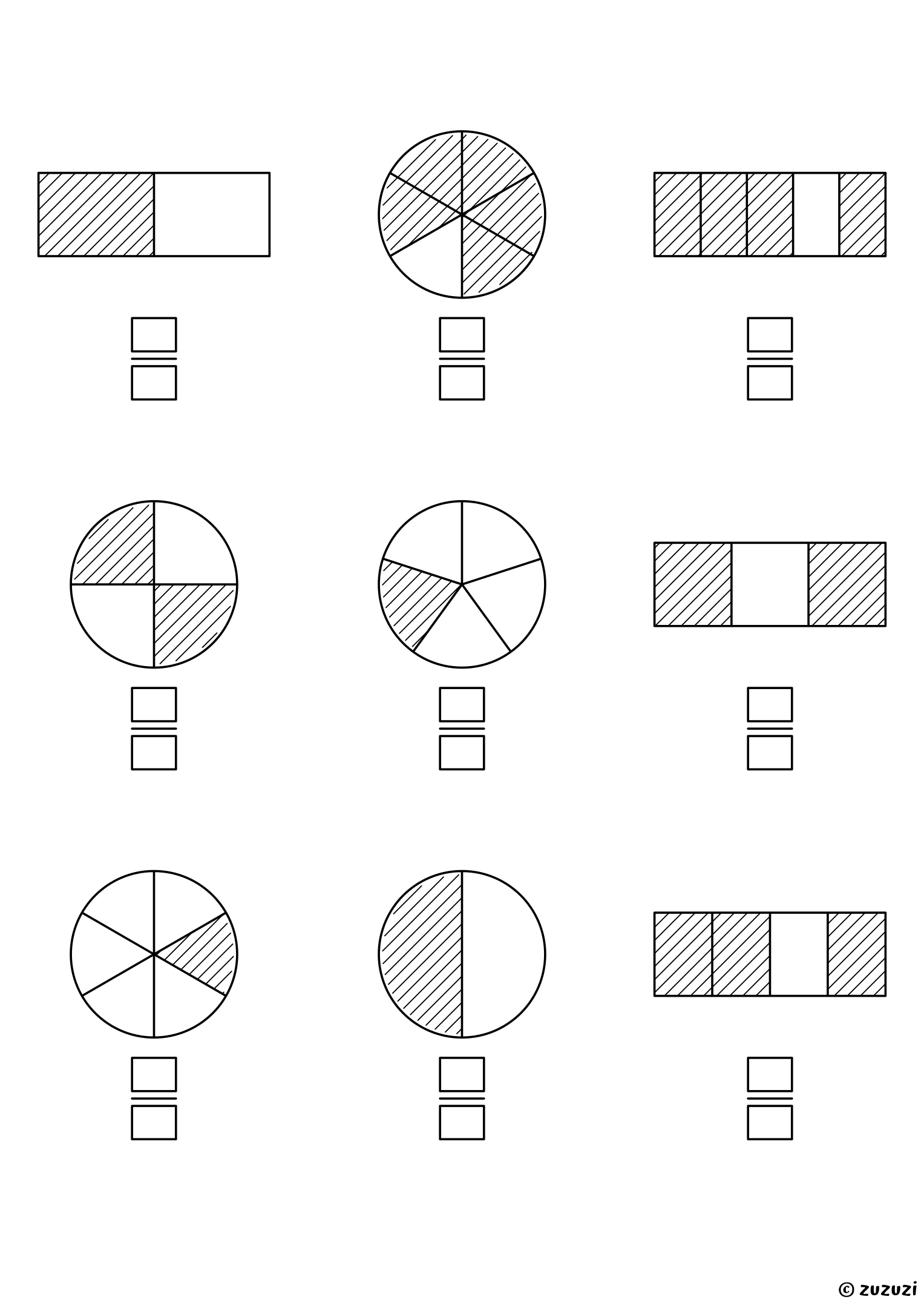 Worksheet with nine circles and bars divided into equal parts, some parts shaded, and two boxes under each shape to write the fraction: fractions up to sixths.