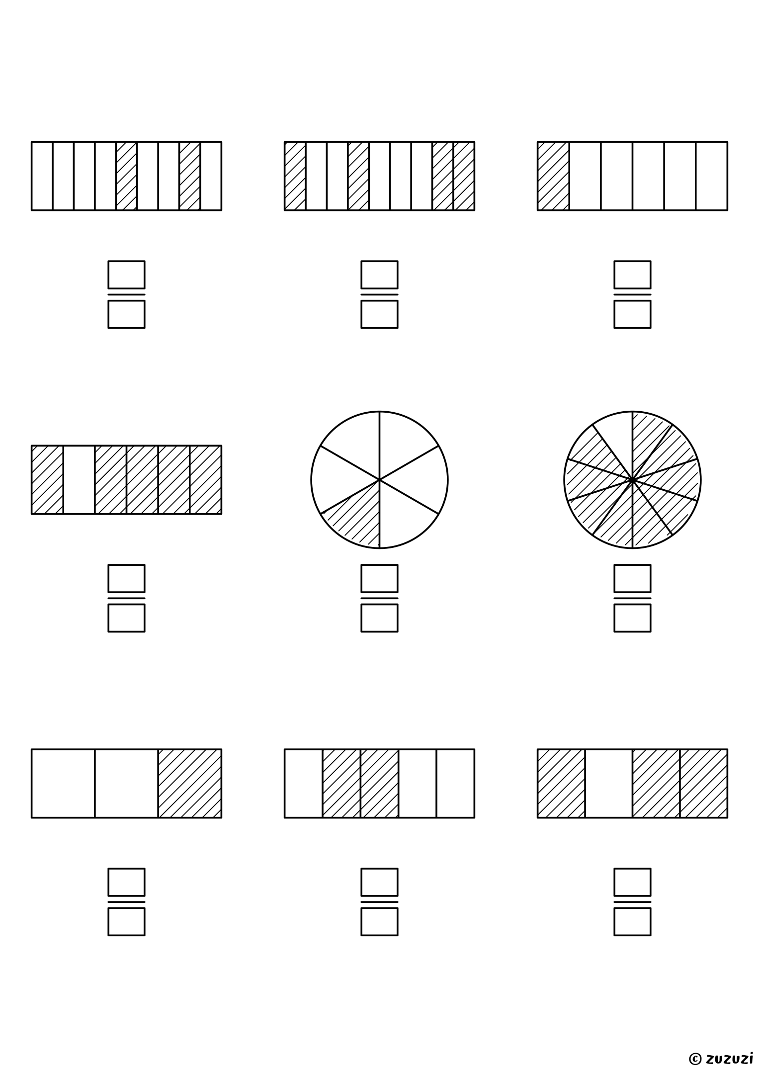Worksheet with nine circles and bars divided into equal parts, some parts shaded, and two boxes under each shape to write the fraction: fractions up to tenths.