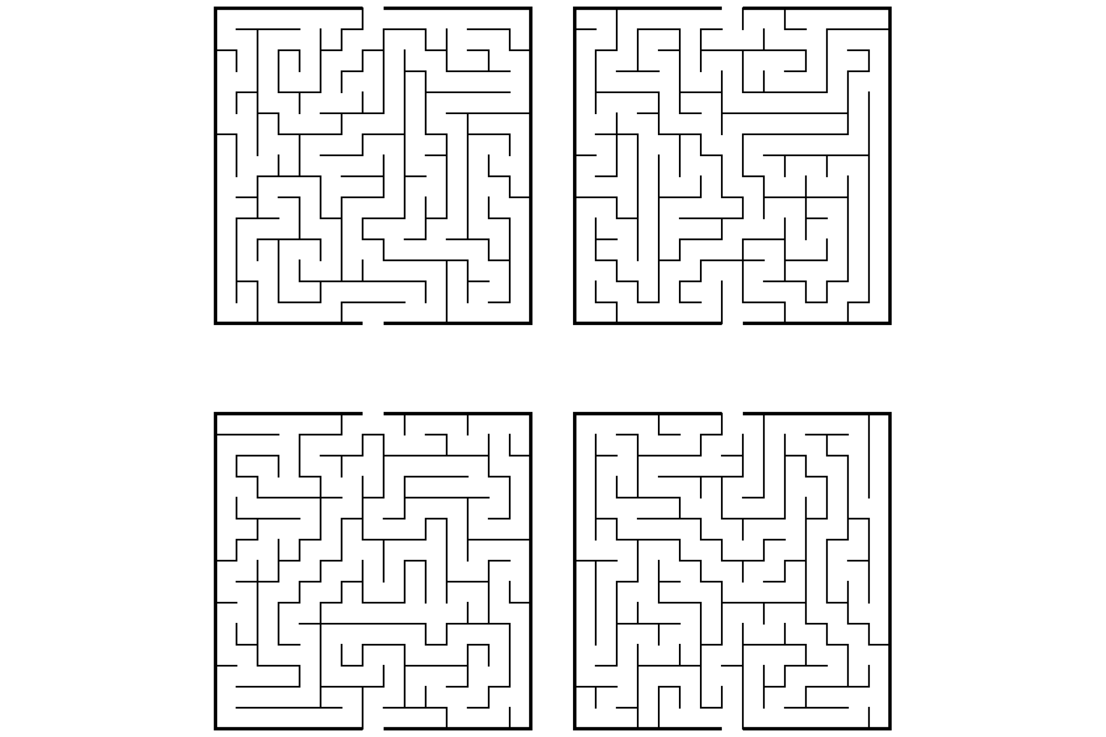 Four rectangular mazes in black and white on one page, with straight walls.