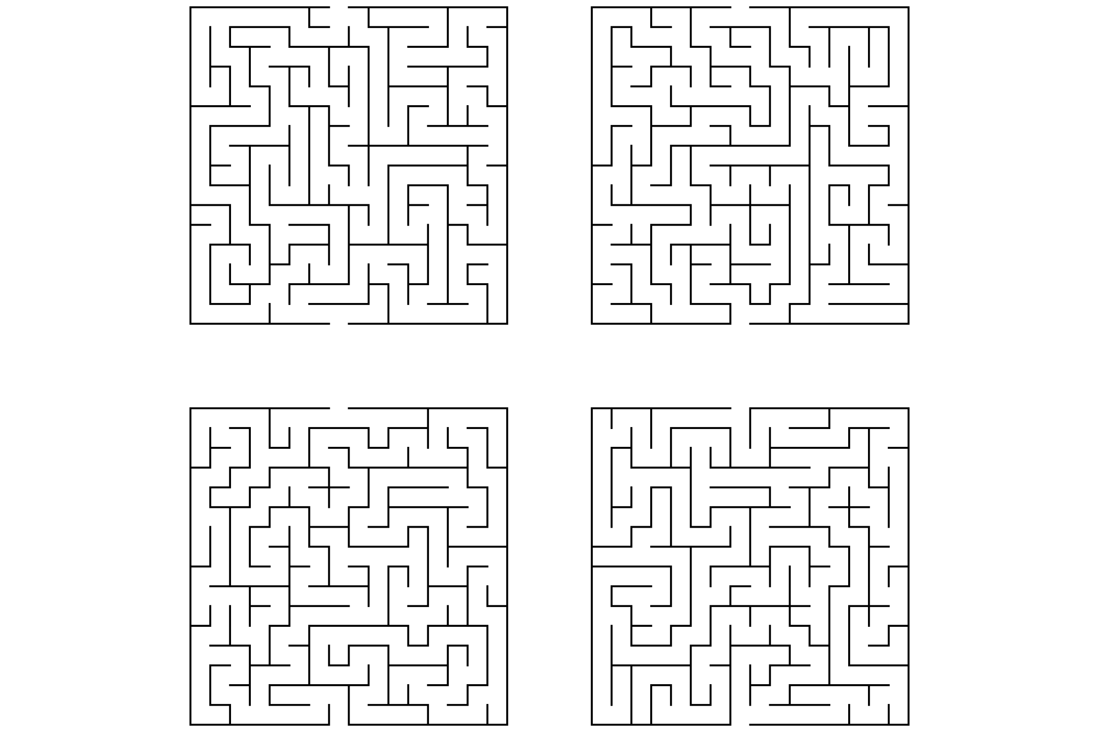 Four rectangular mazes in black and white on one page, with straight walls.