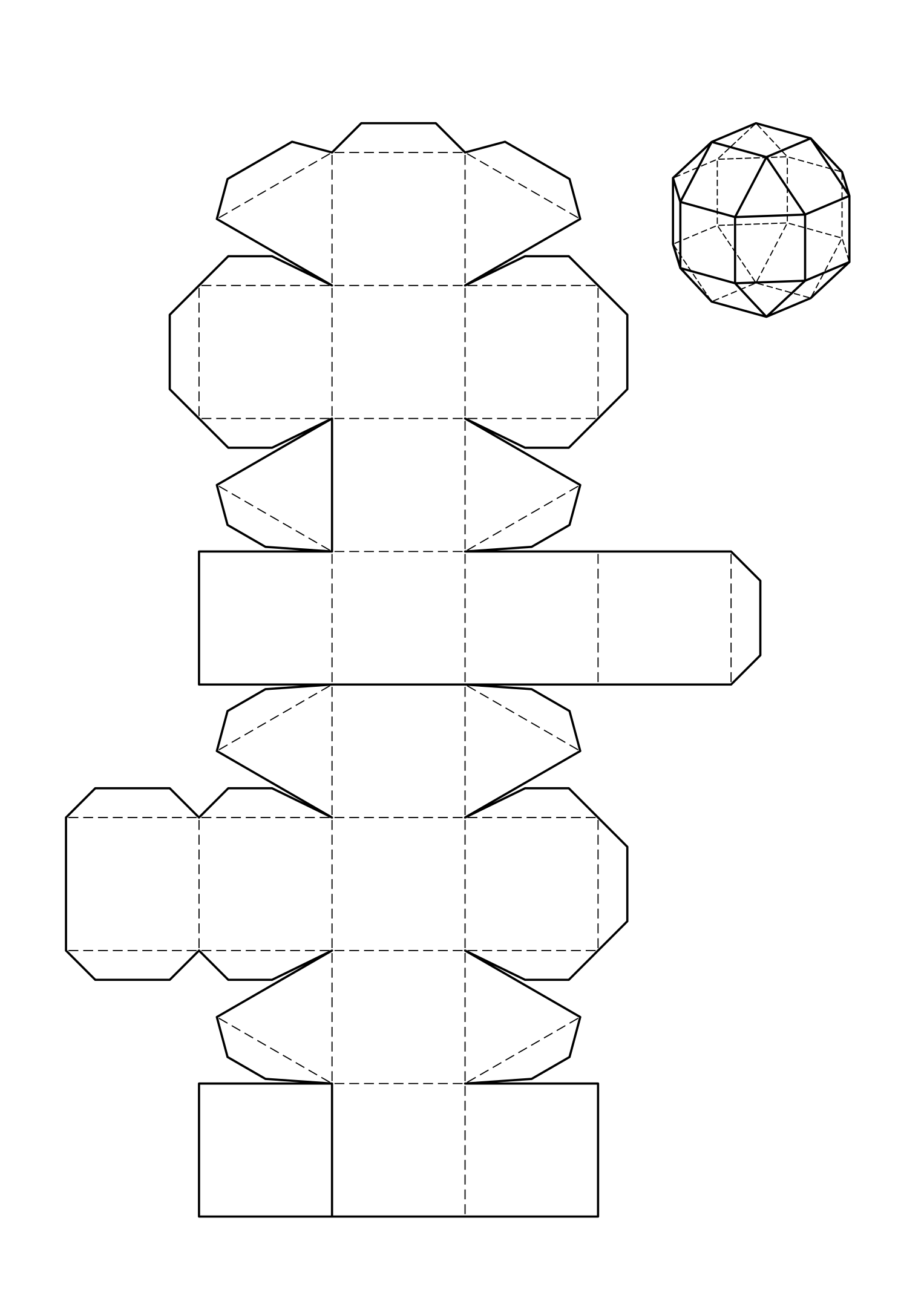 Rhombicuboctahedron net: eighteen squares and eight triangles, three squares and a triangle at each corner.