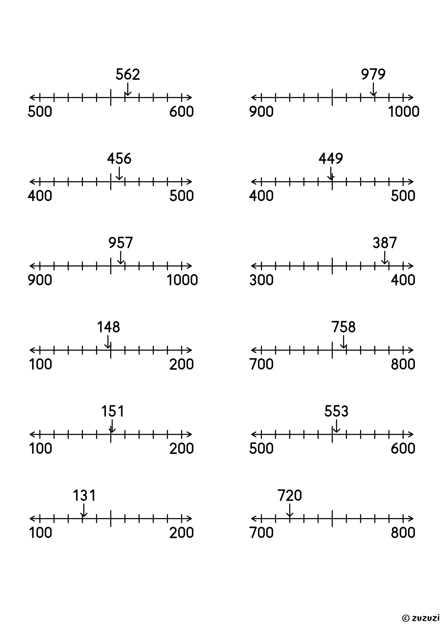 Worksheet with twelve 3-digit numbers, each on its own number line, to round to the nearest hundred by circling the closest end.
