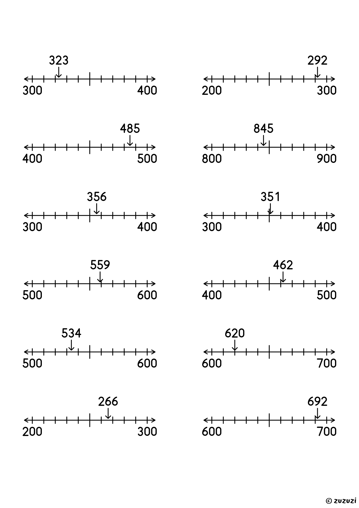 Worksheet with twelve 3-digit numbers, each on its own number line, to round to the nearest hundred by circling the closest end.