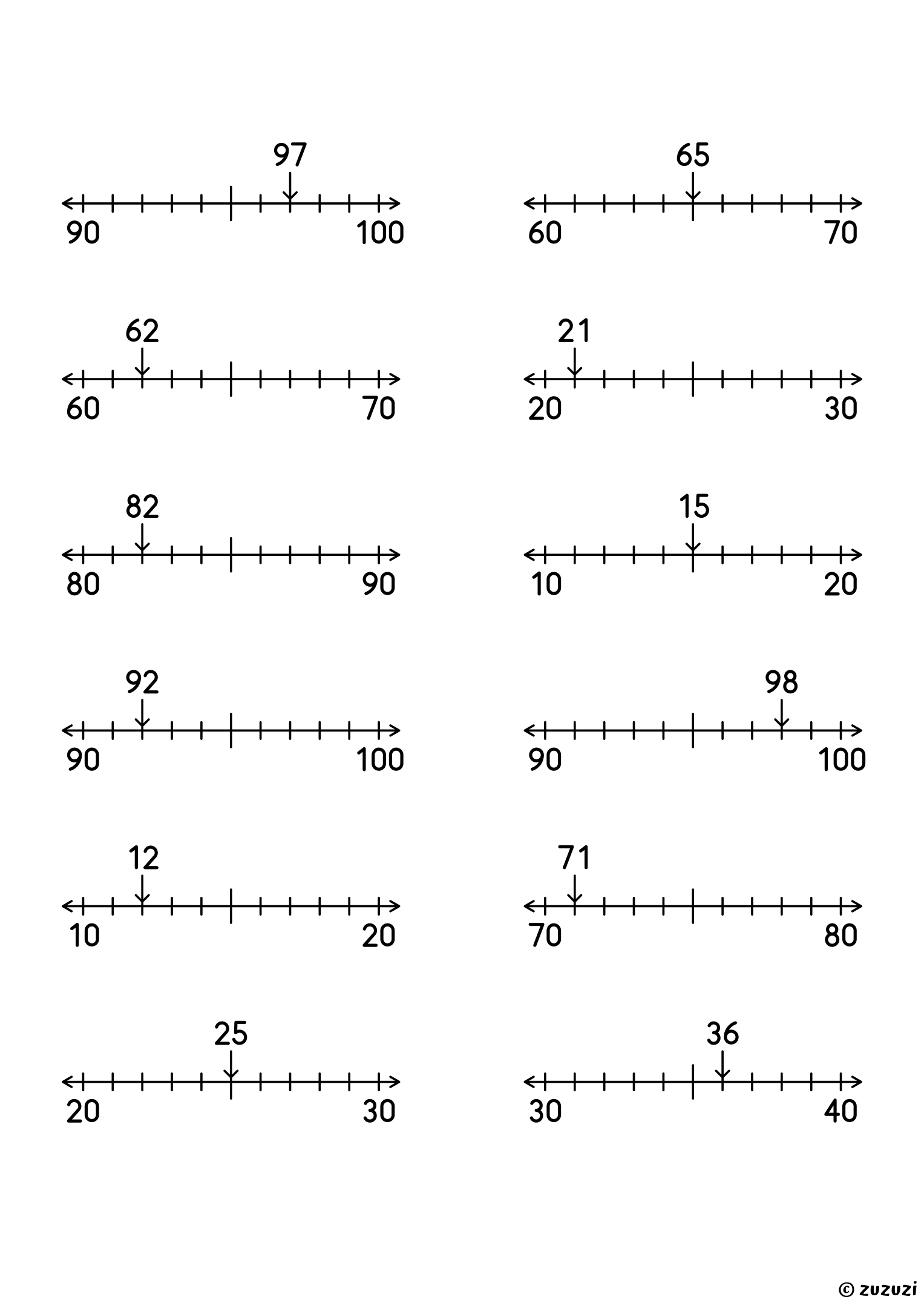 Worksheet with twelve 2-digit numbers, each on its own number line, to round to the nearest ten by circling the closest end.