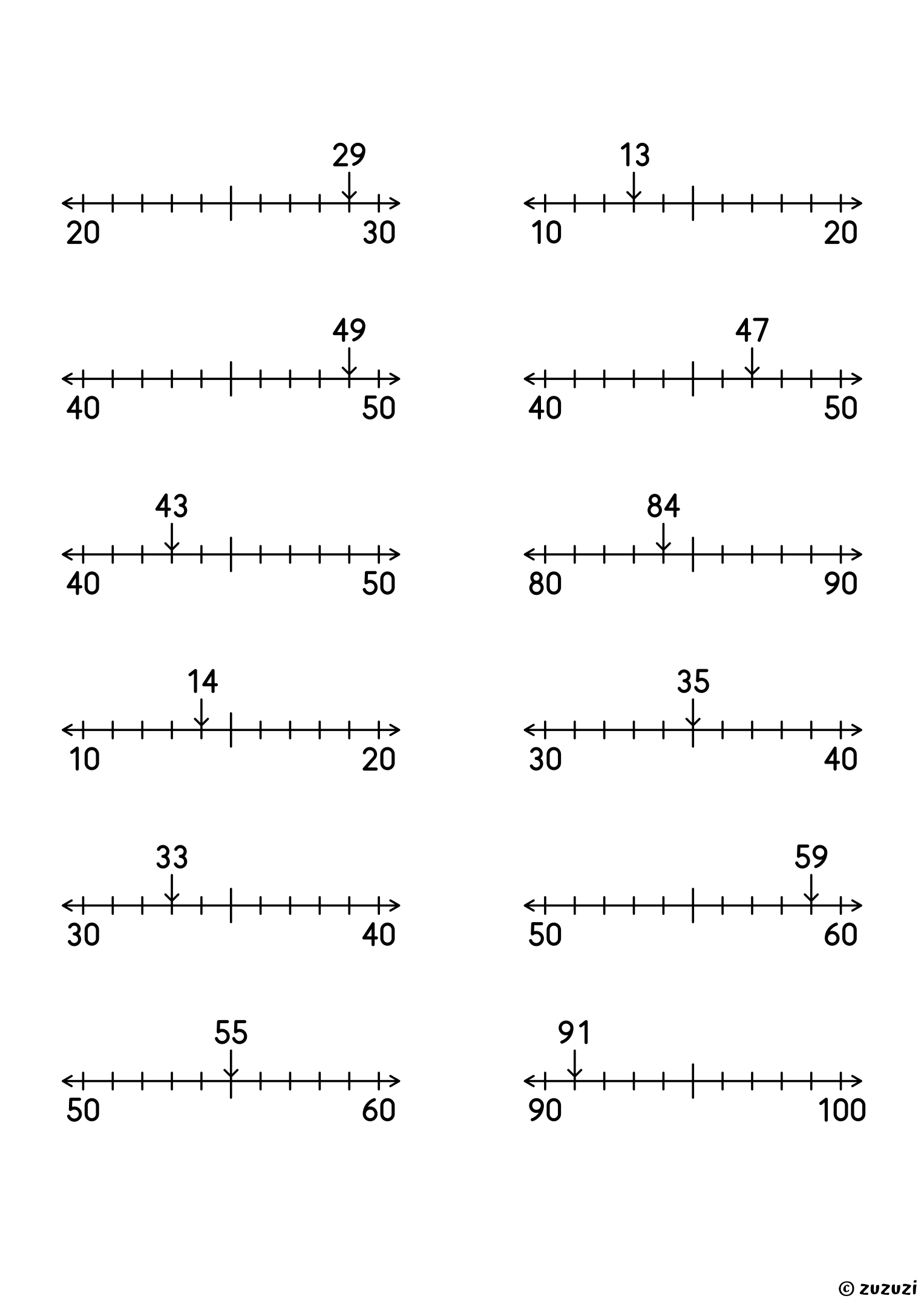 Worksheet with twelve 2-digit numbers, each on its own number line, to round to the nearest ten by circling the closest end.