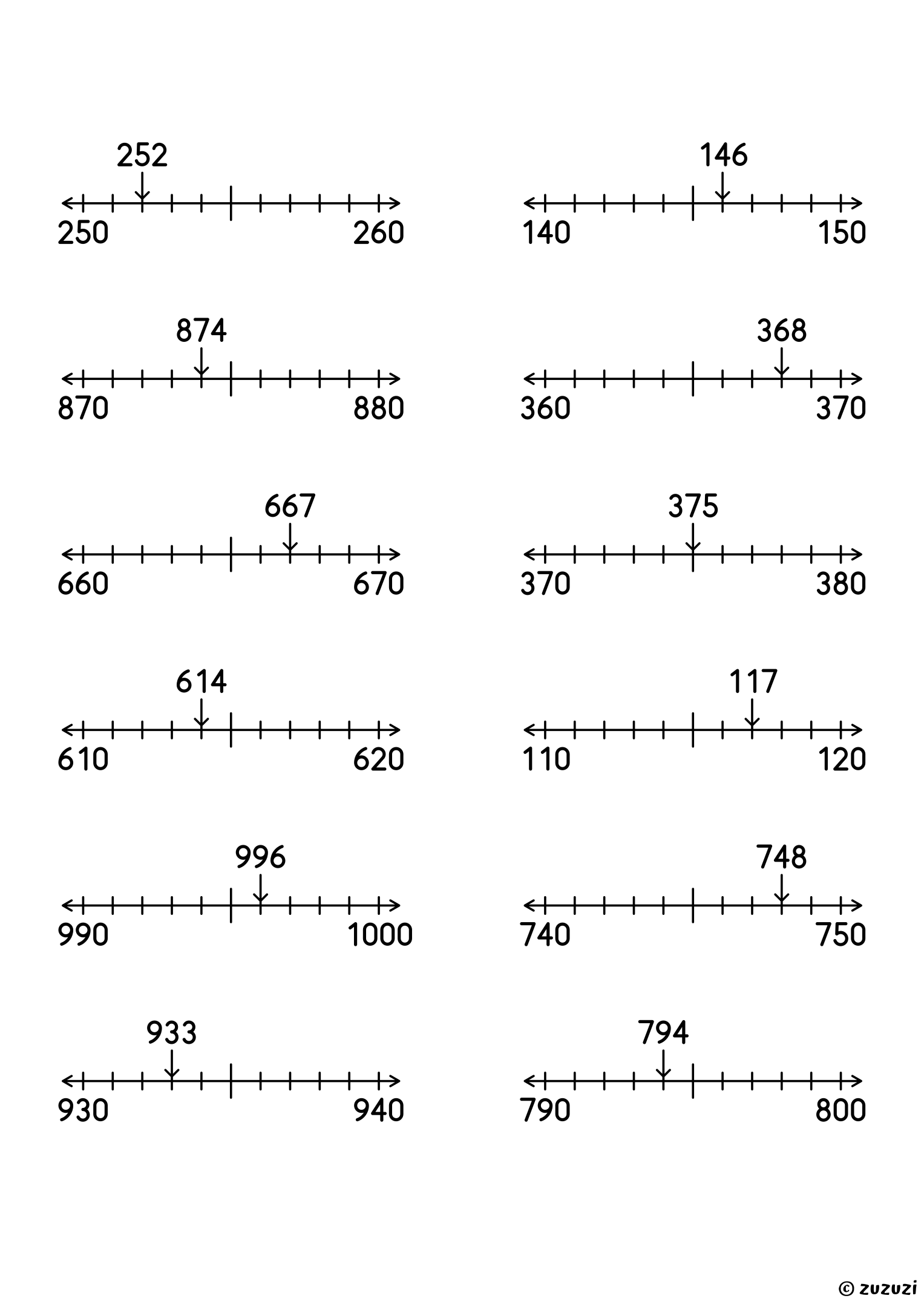Worksheet with twelve 3-digit numbers, each on its own number line, to round to the nearest ten by circling the closest end.