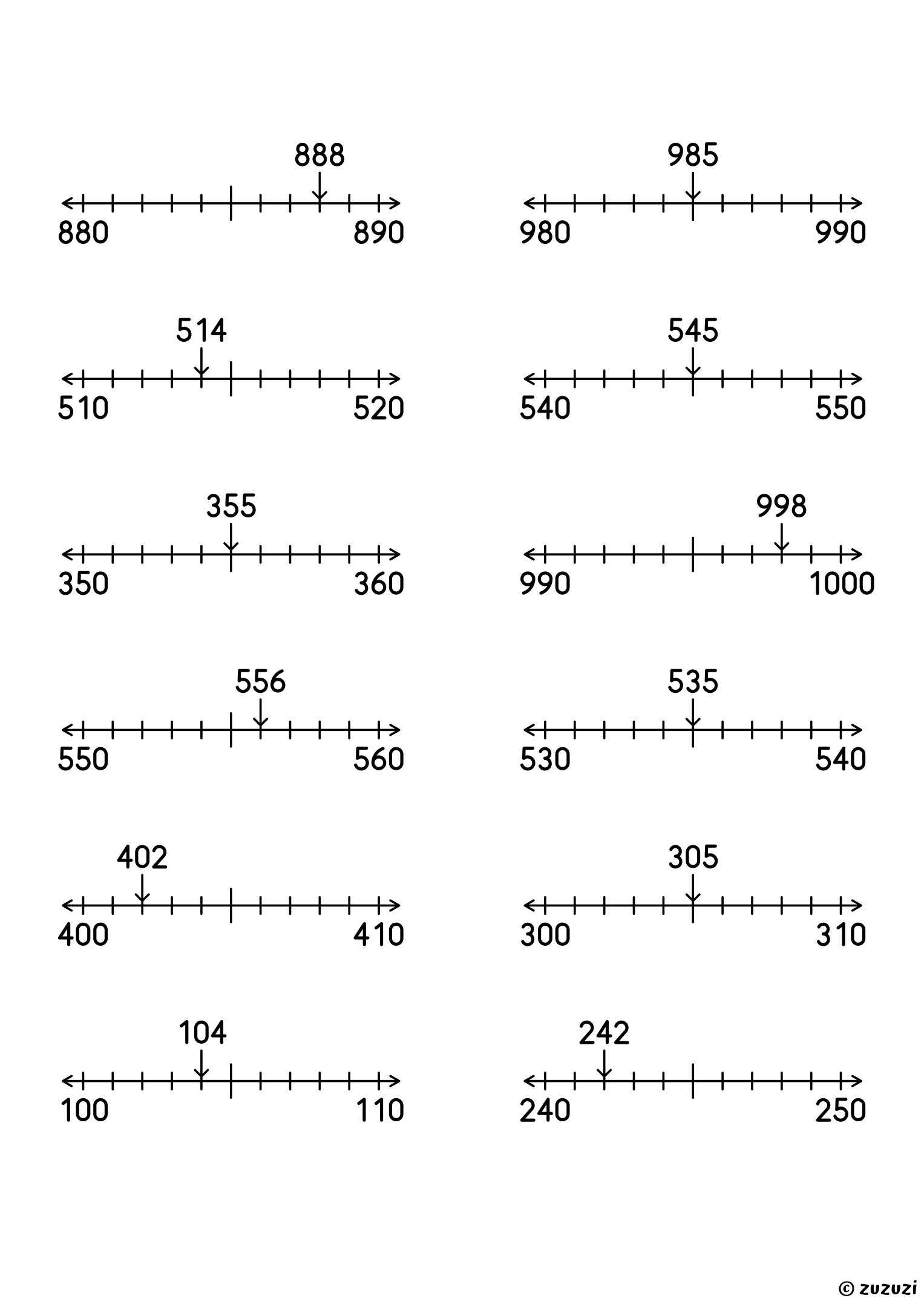 Worksheet with twelve 3-digit numbers, each on its own number line, to round to the nearest ten by circling the closest end.