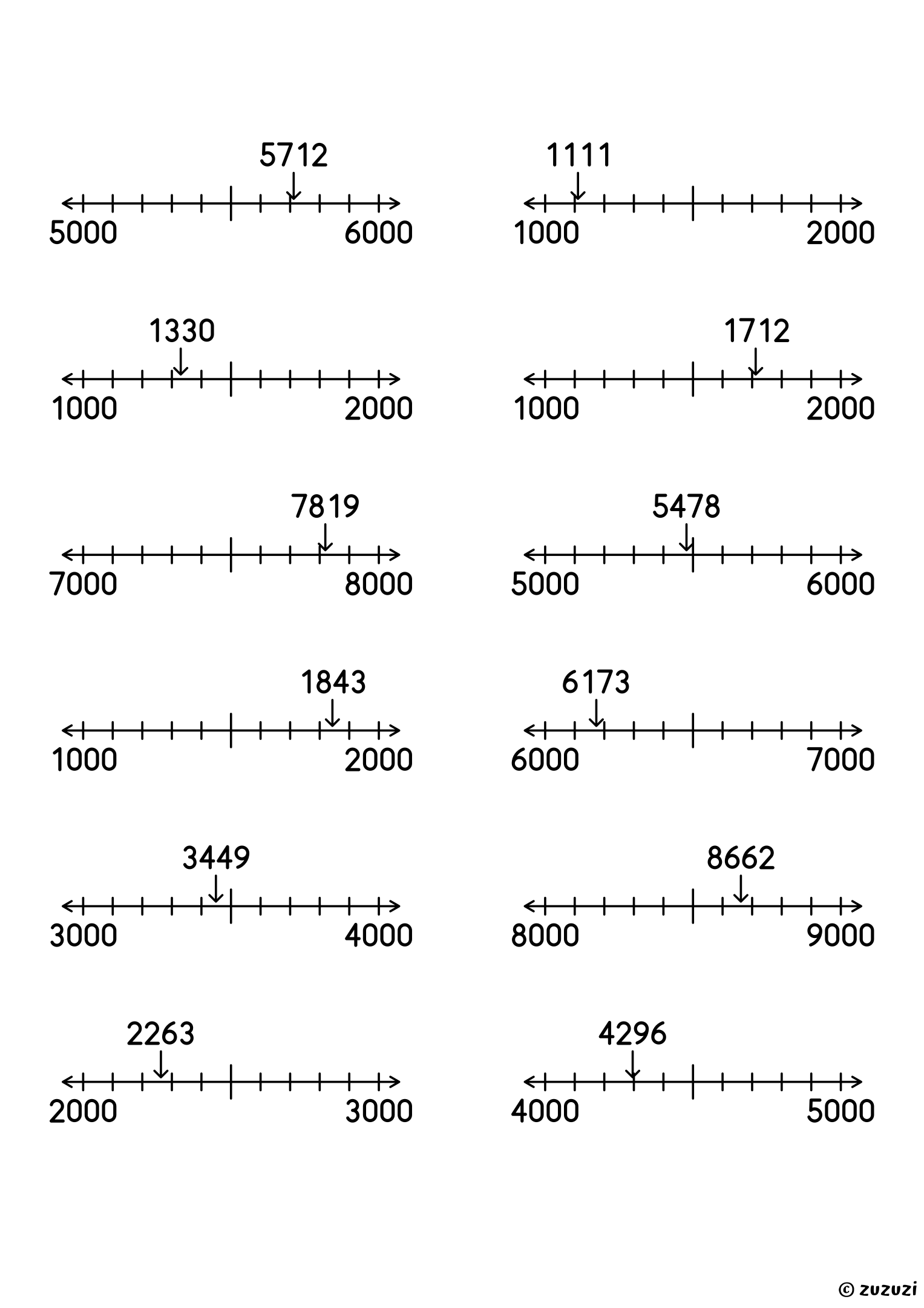 Worksheet with twelve 4-digit numbers, each on its own number line, to round to the nearest thousand by circling the closest end.