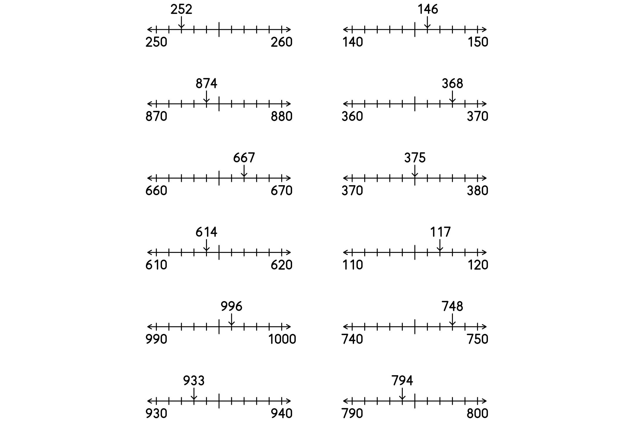 A rounding worksheet with numbers placed on small number lines, in black and white.