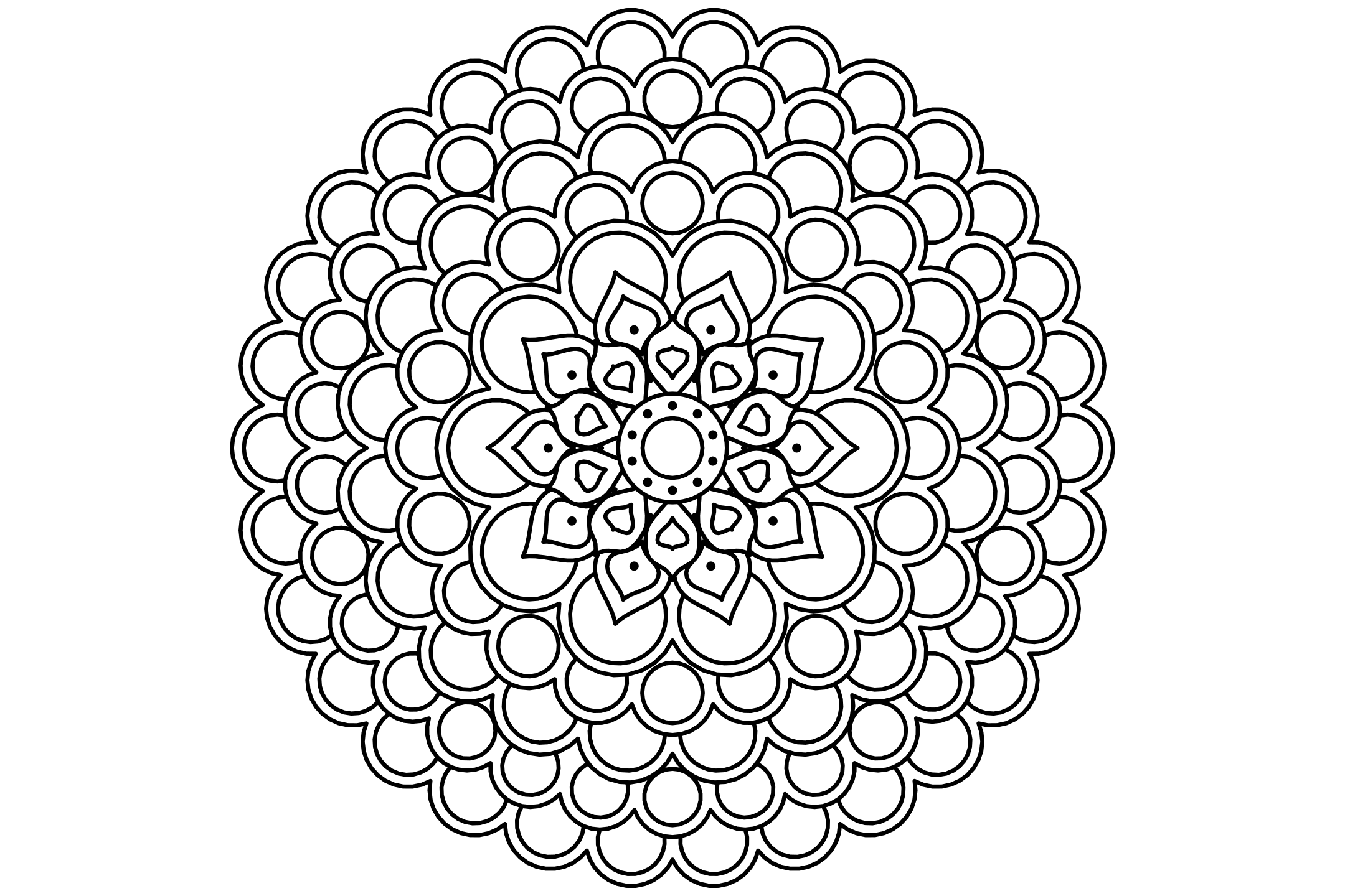 A rich scales mandala to color in ten-fold symmetry: rows of overlapping scales with a dot in each, drawn with one thin line.