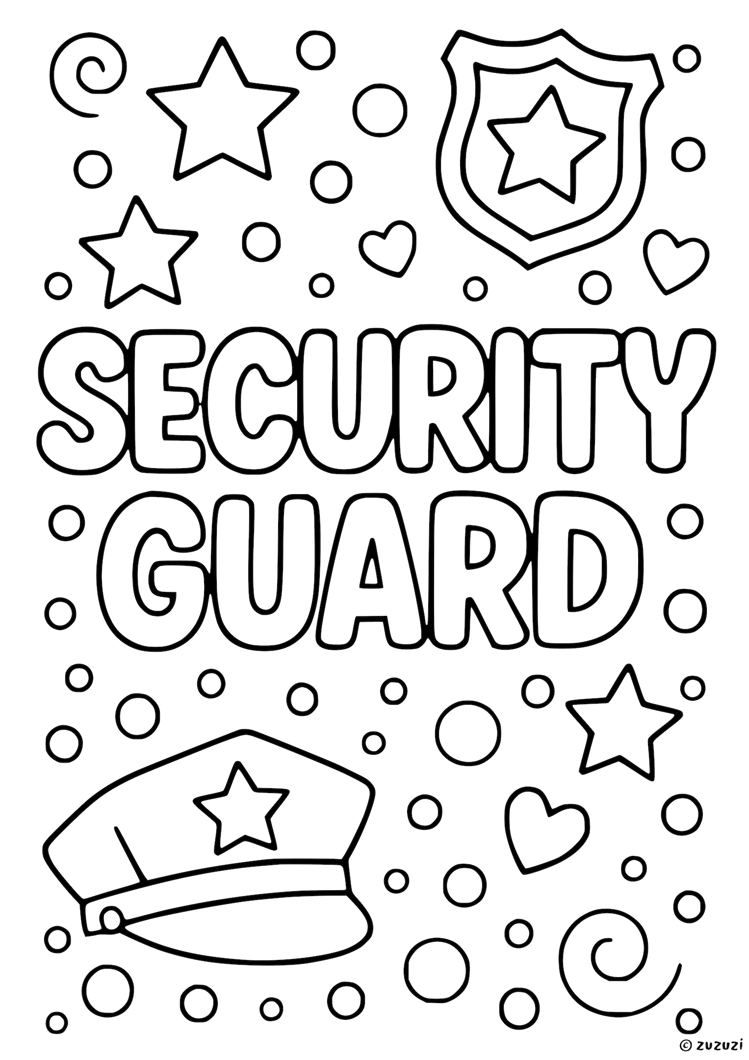 Coloring page with the words 'Security Guard' in bubble letters, decorated with stars, hearts, a shield badge, and a security cap.