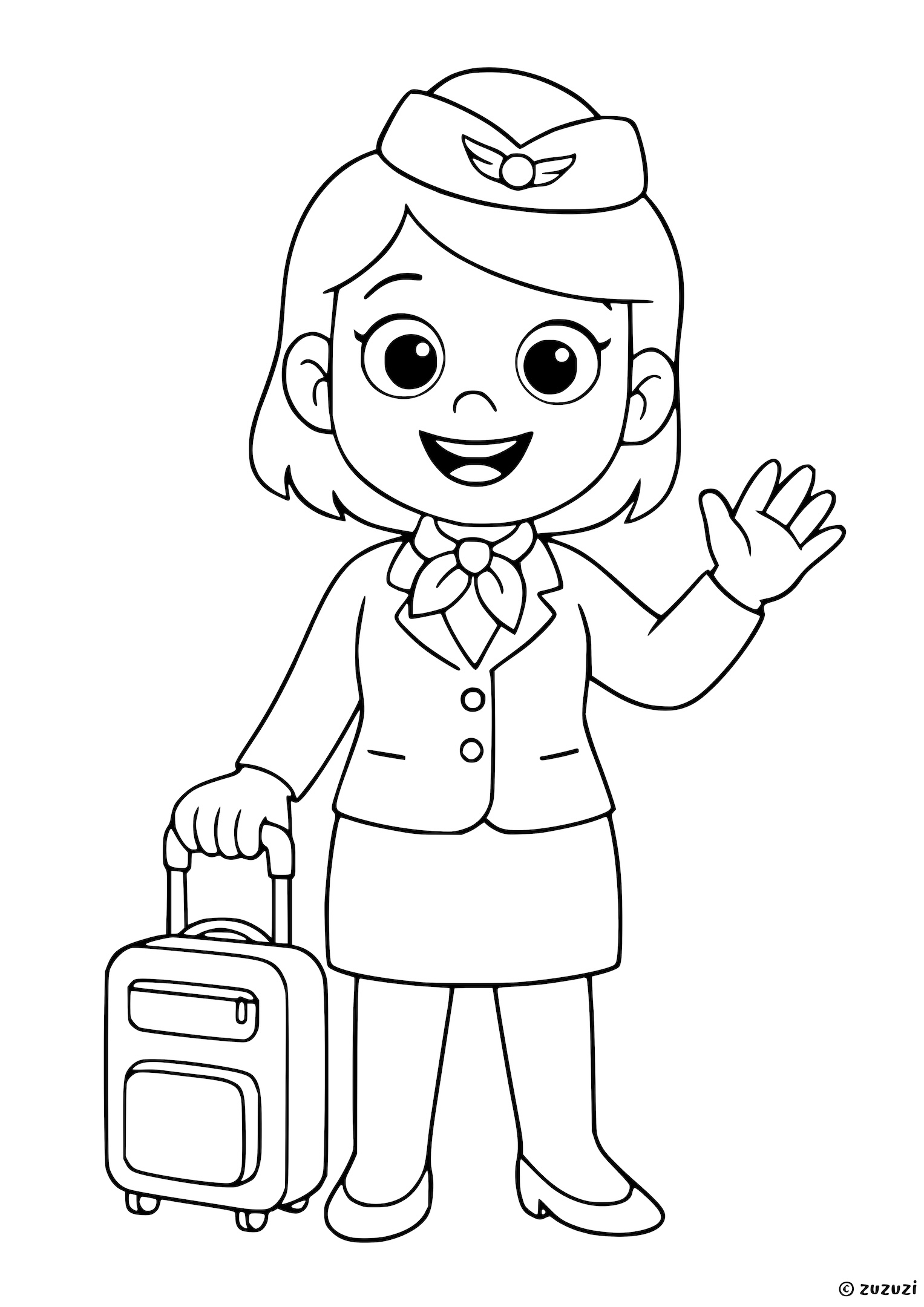 Coloring page of a flight attendant smiling and waving, wearing a uniform with a hat and scarf, holding a rolling suitcase.
