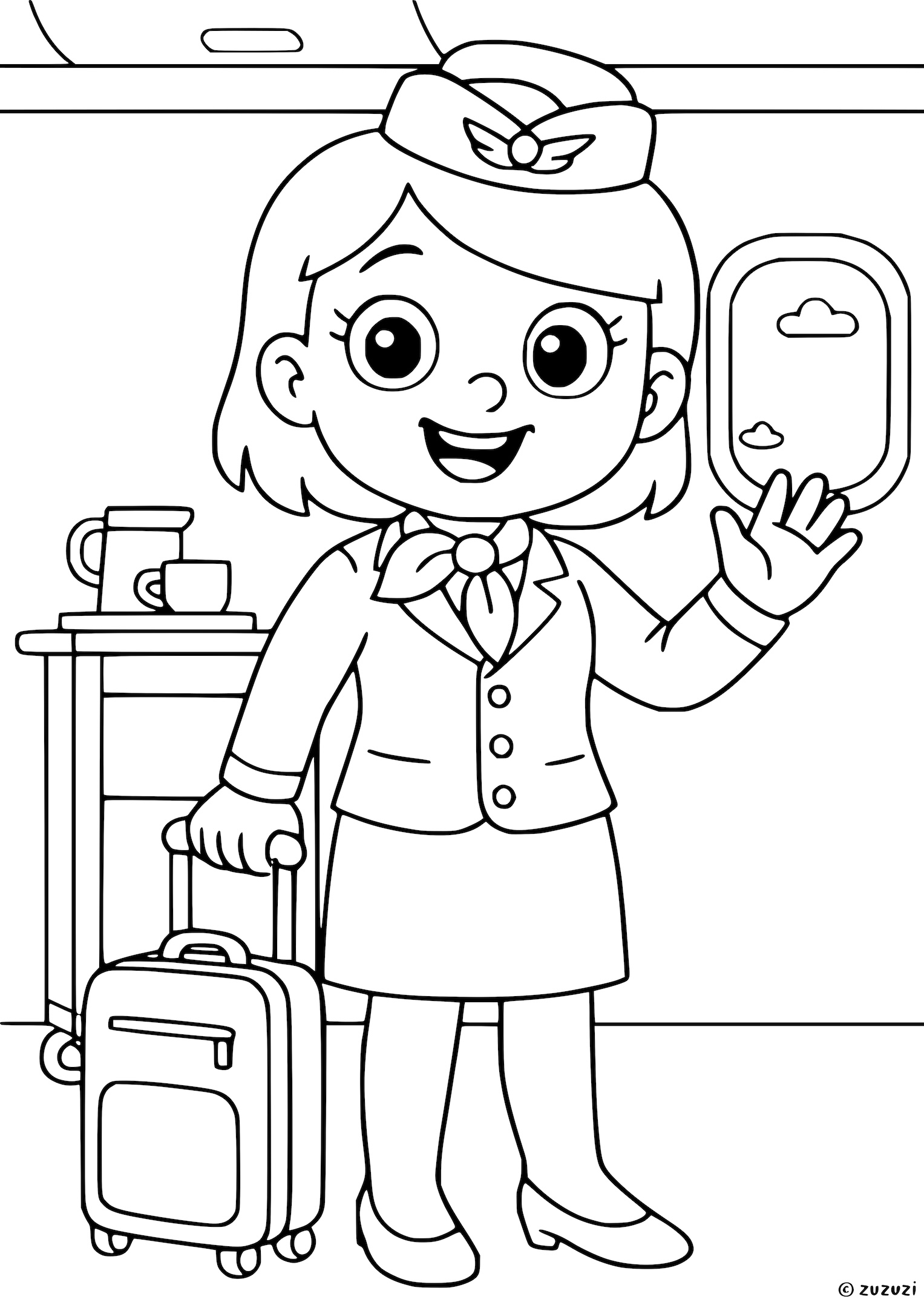 Coloring page of a cheerful flight attendant with a suitcase inside an airplane cabin.