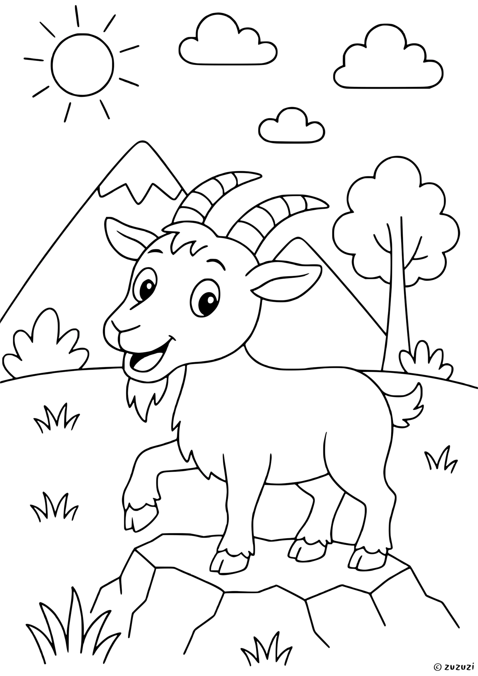 Coloring page of a smiling goat with curved horns and a small beard, standing on a rocky mountain ledge with trees, grass, and clouds around.