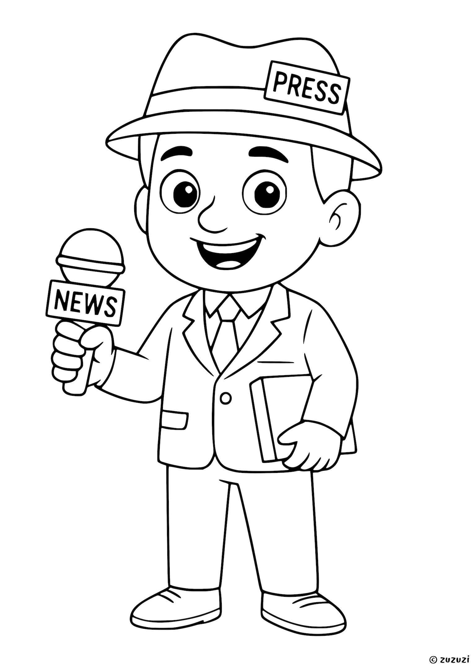 Coloring page of a journalist smiling in a suit and press hat, holding a news microphone in one hand and a notebook in the other.