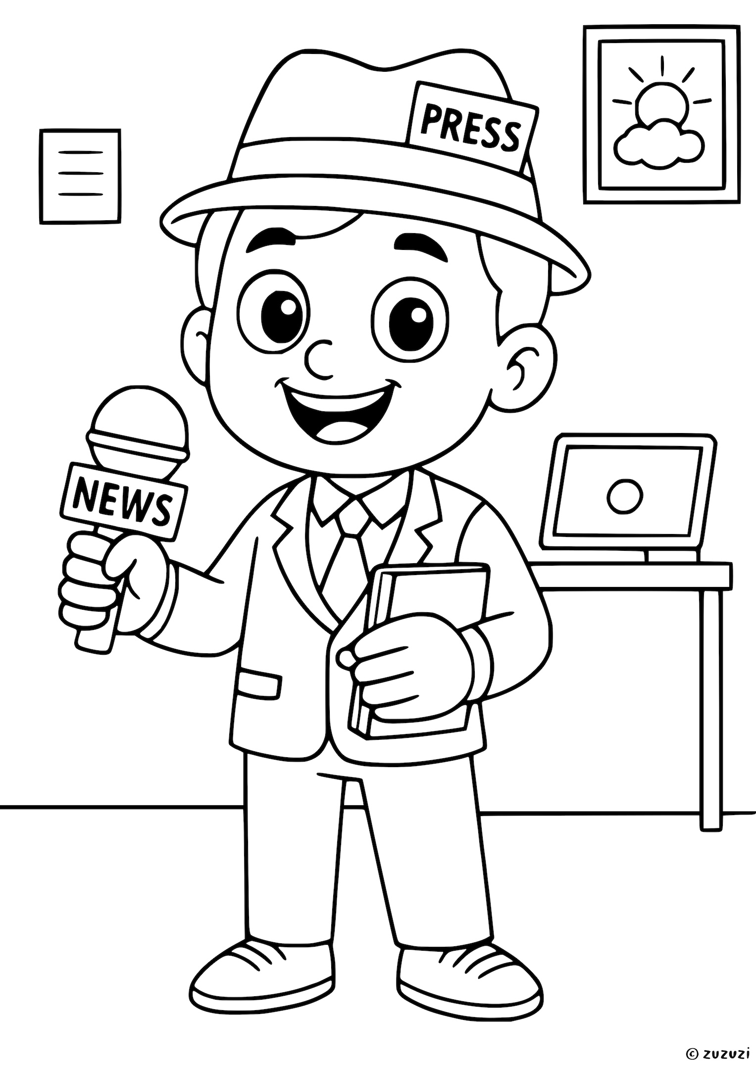 Coloring page of a cheerful journalist holding a microphone and notepad in a news office.