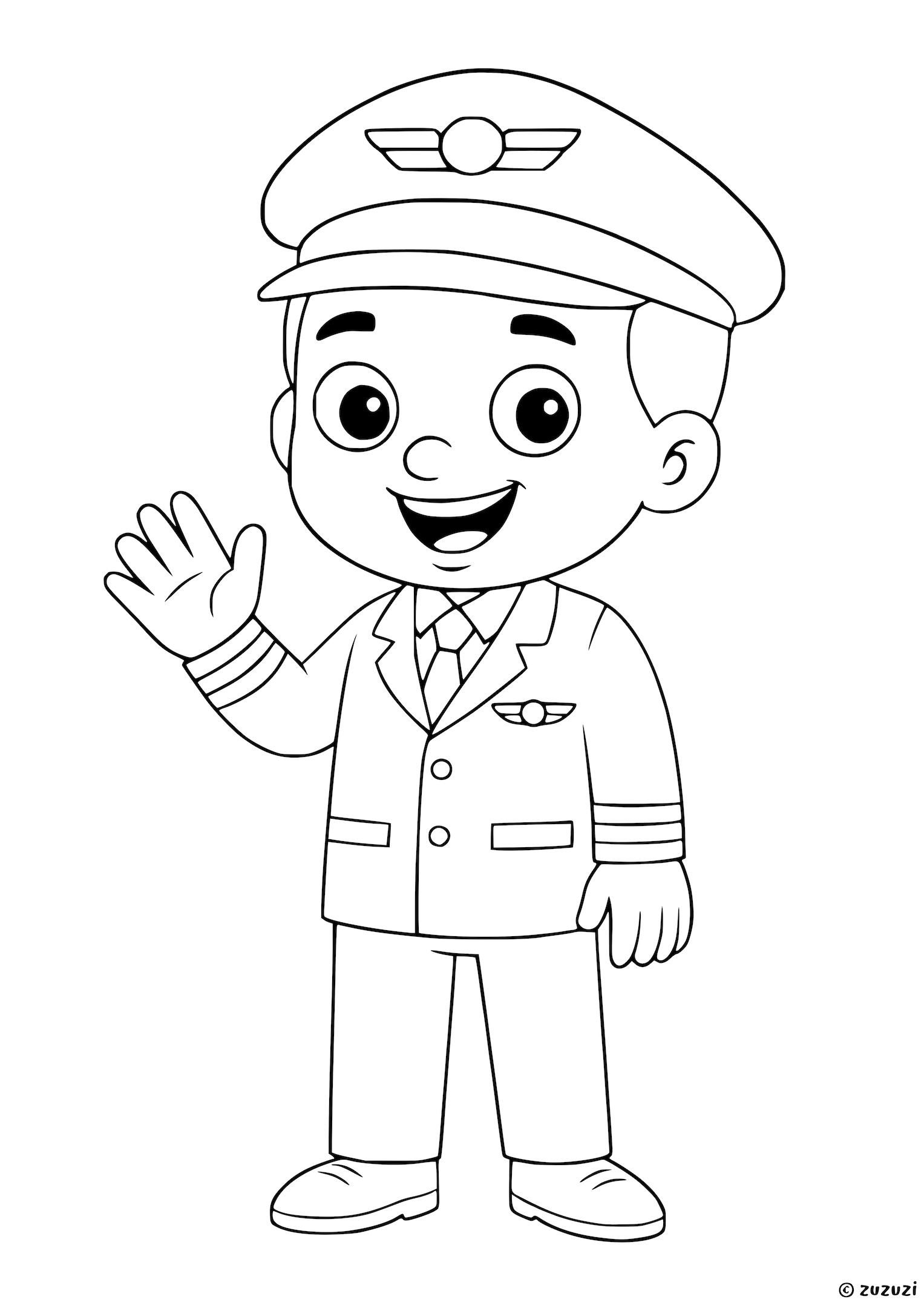 Coloring page of a pilot smiling and waving, wearing a uniform with a cap and aviation badge.