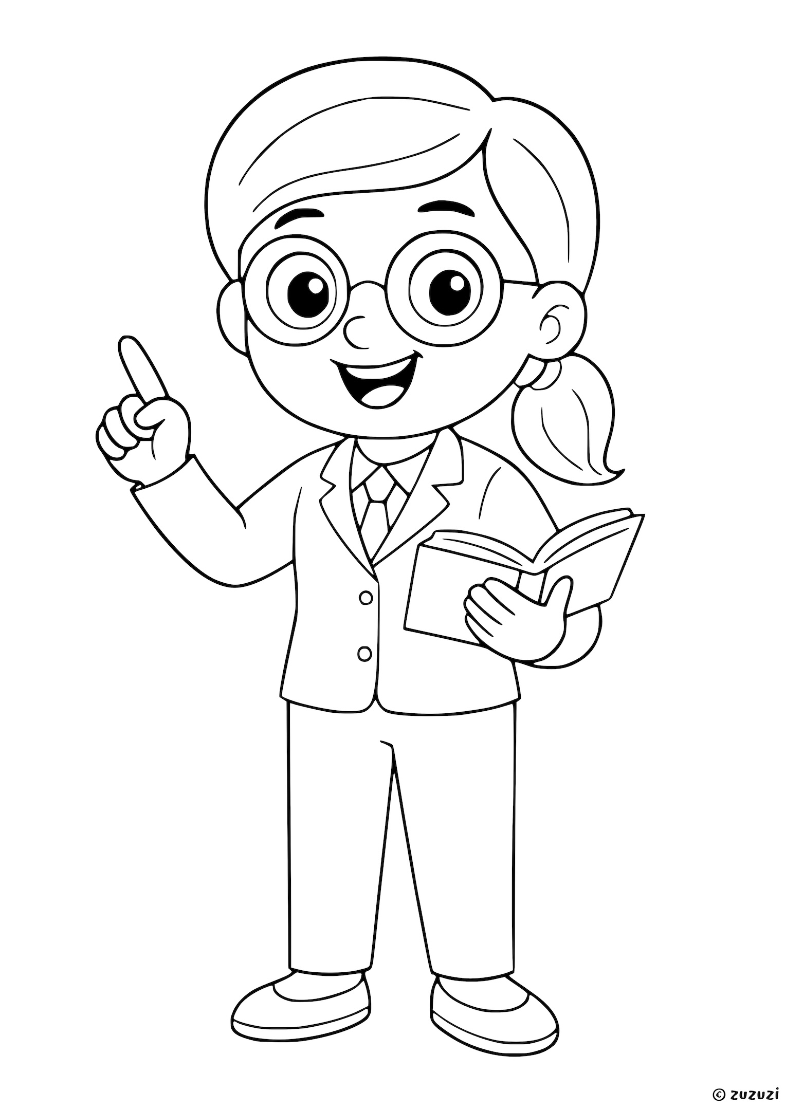 Coloring page of a professor smiling in a suit and glasses, holding an open book in one hand and raising the other hand with one finger pointing up.