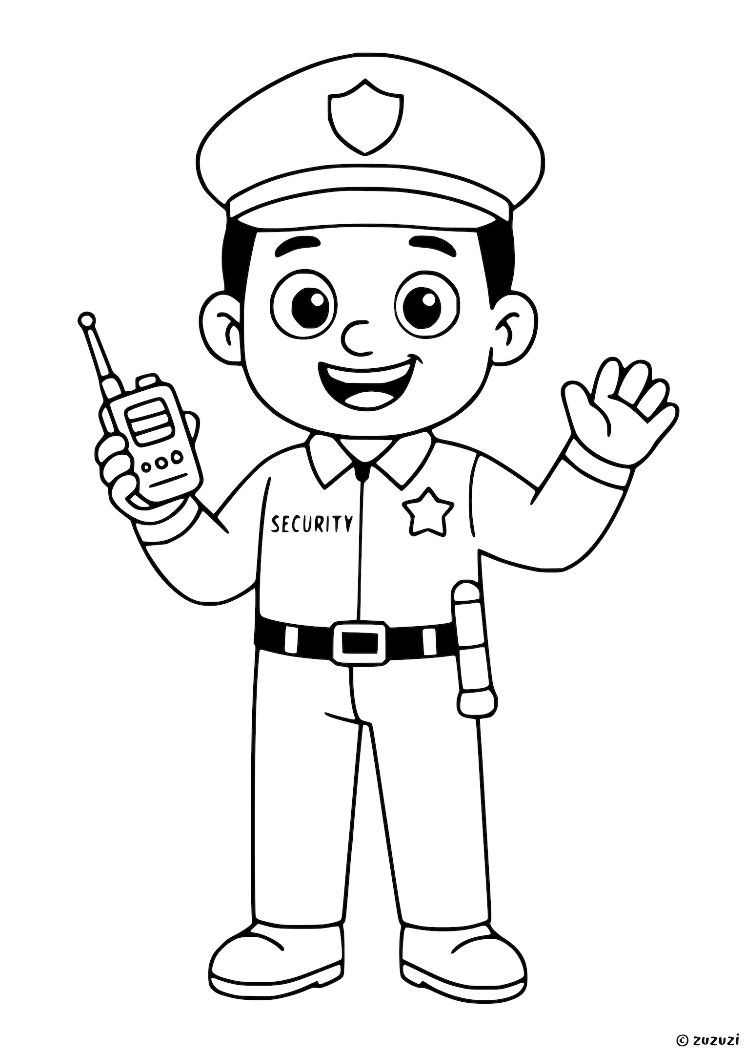 Coloring page of a smiling security guard holding a walkie-talkie, wearing a uniform and cap with a badge.