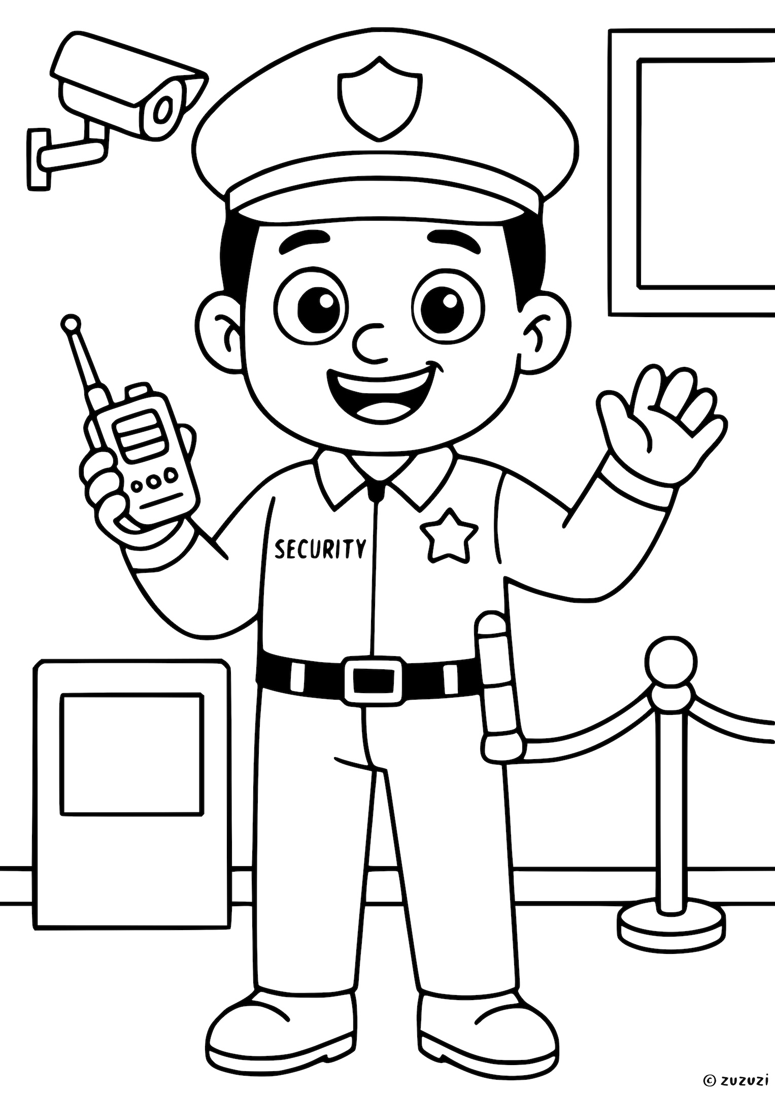 Coloring page of a smiling security guard holding a walkie-talkie, wearing a uniform and cap, with a security camera and rope barrier in the background.