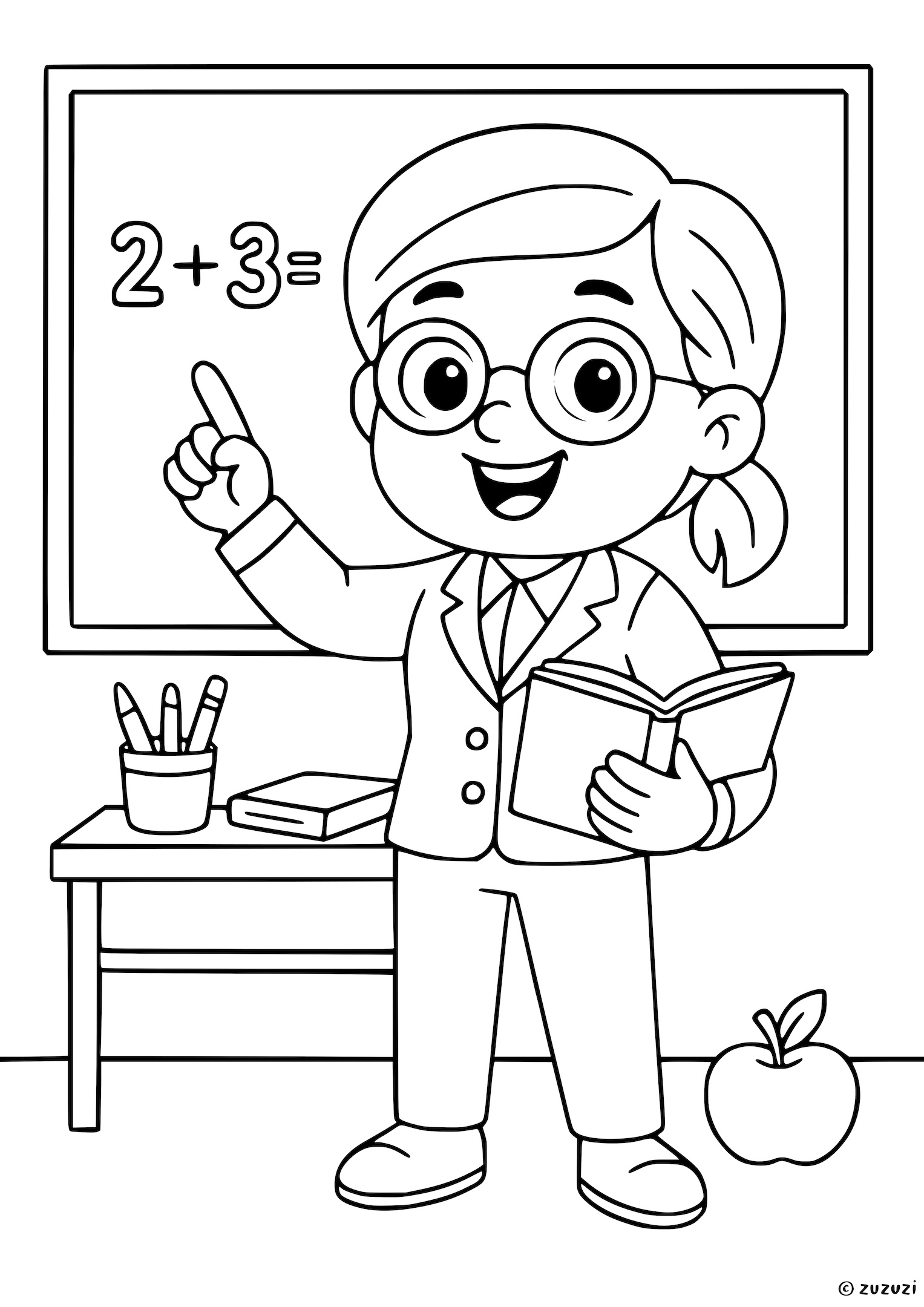 Coloring page of a smiling teacher pointing to a math equation on the blackboard while holding a book.