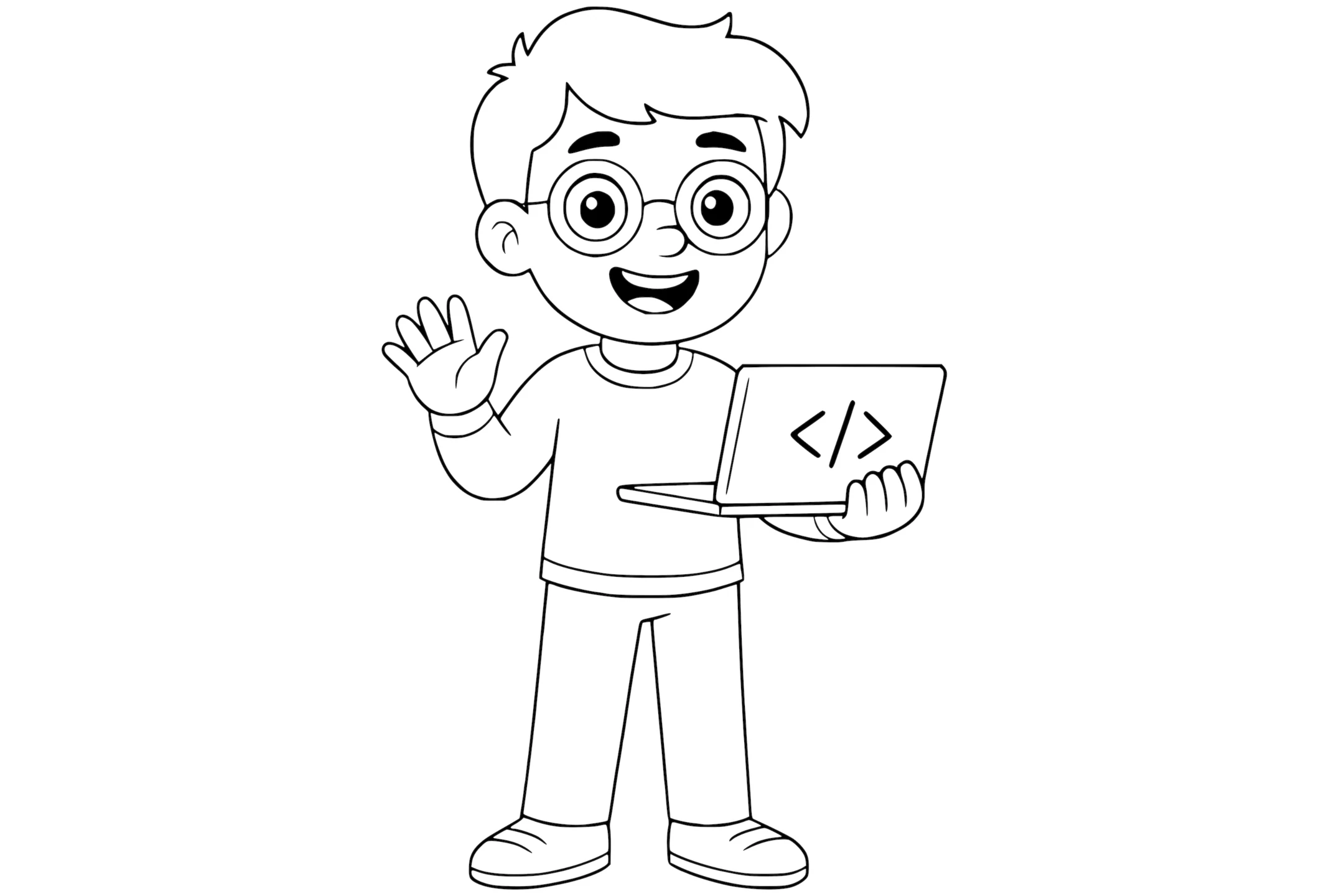 Software developer holding a laptop with a code symbol.