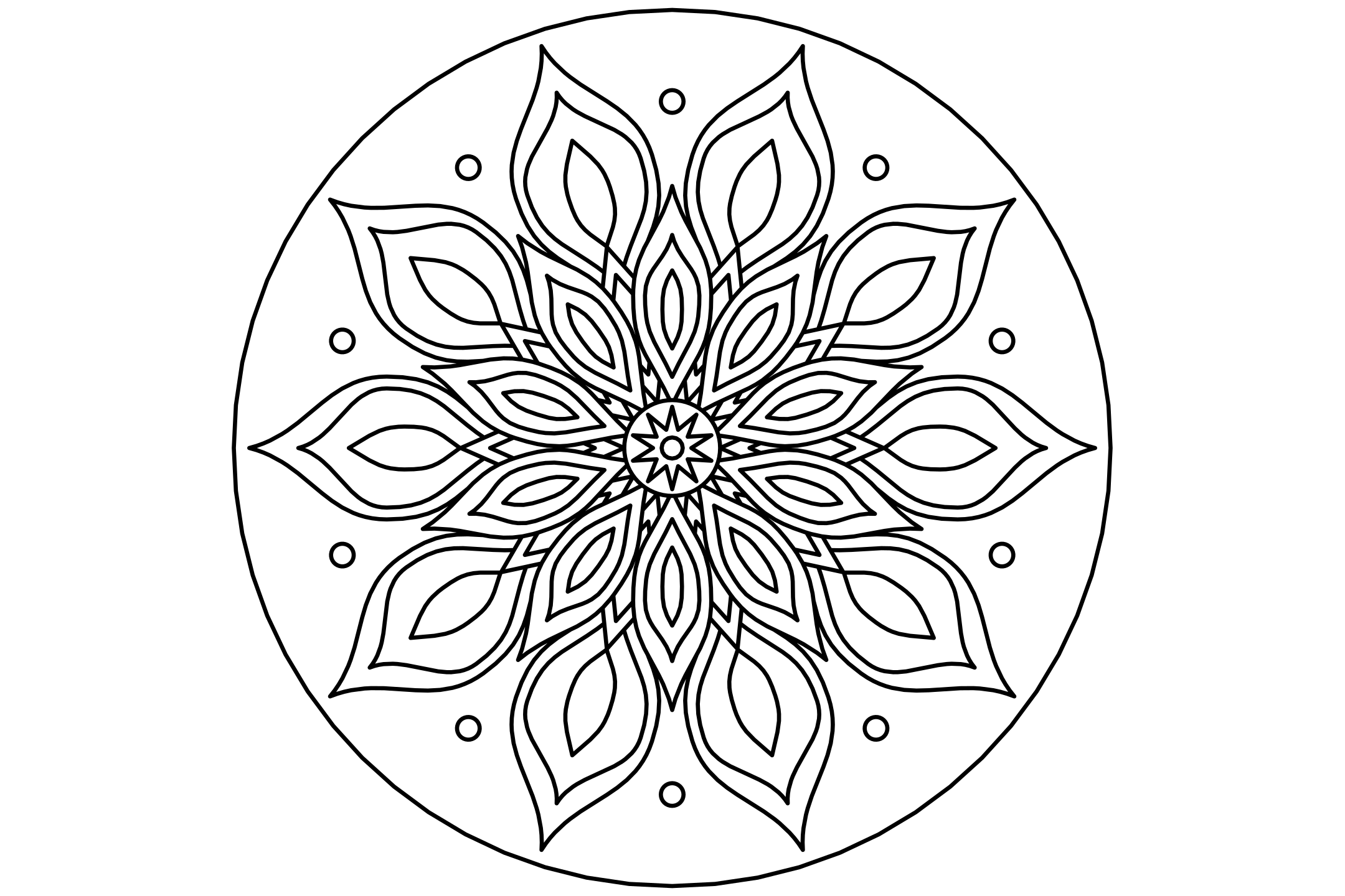 A rich star mandala to color with ten long points, a circle in each and diamonds between them, drawn with one thin line.