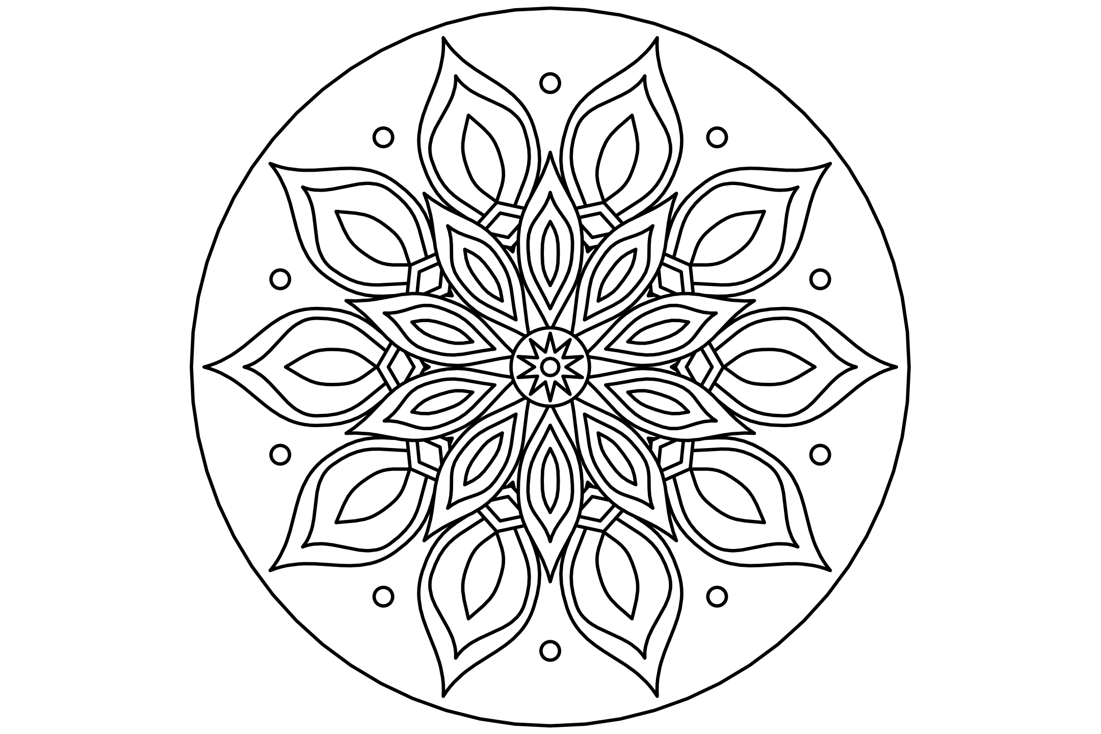 A rich star mandala to color with ten long points, a circle in each and diamonds between them, drawn with one thin line.