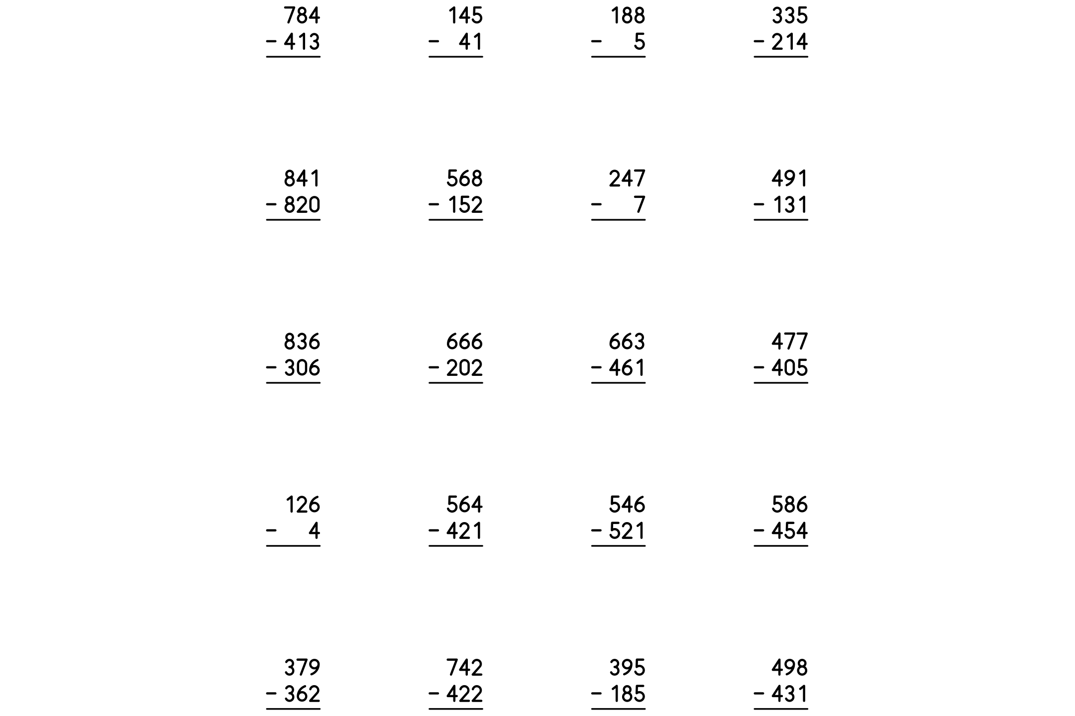 Vertical subtraction problems with three-digit numbers, each with a line underneath for the answer, in black and white.