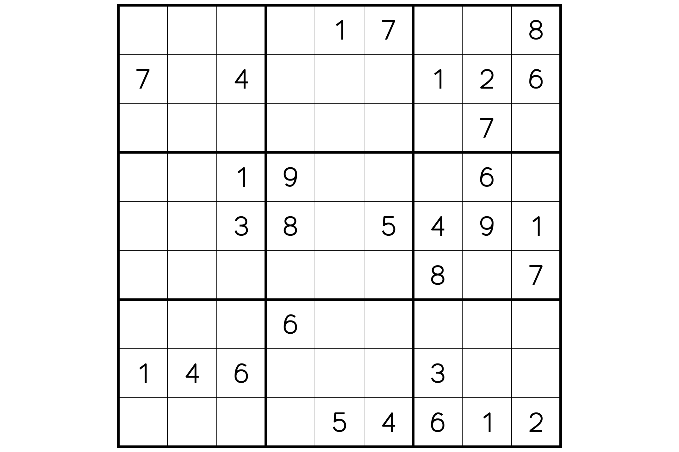 A 9x9 sudoku grid, its three-by-three boxes outlined in thick lines, with a few digits already filled in, in black on white.
