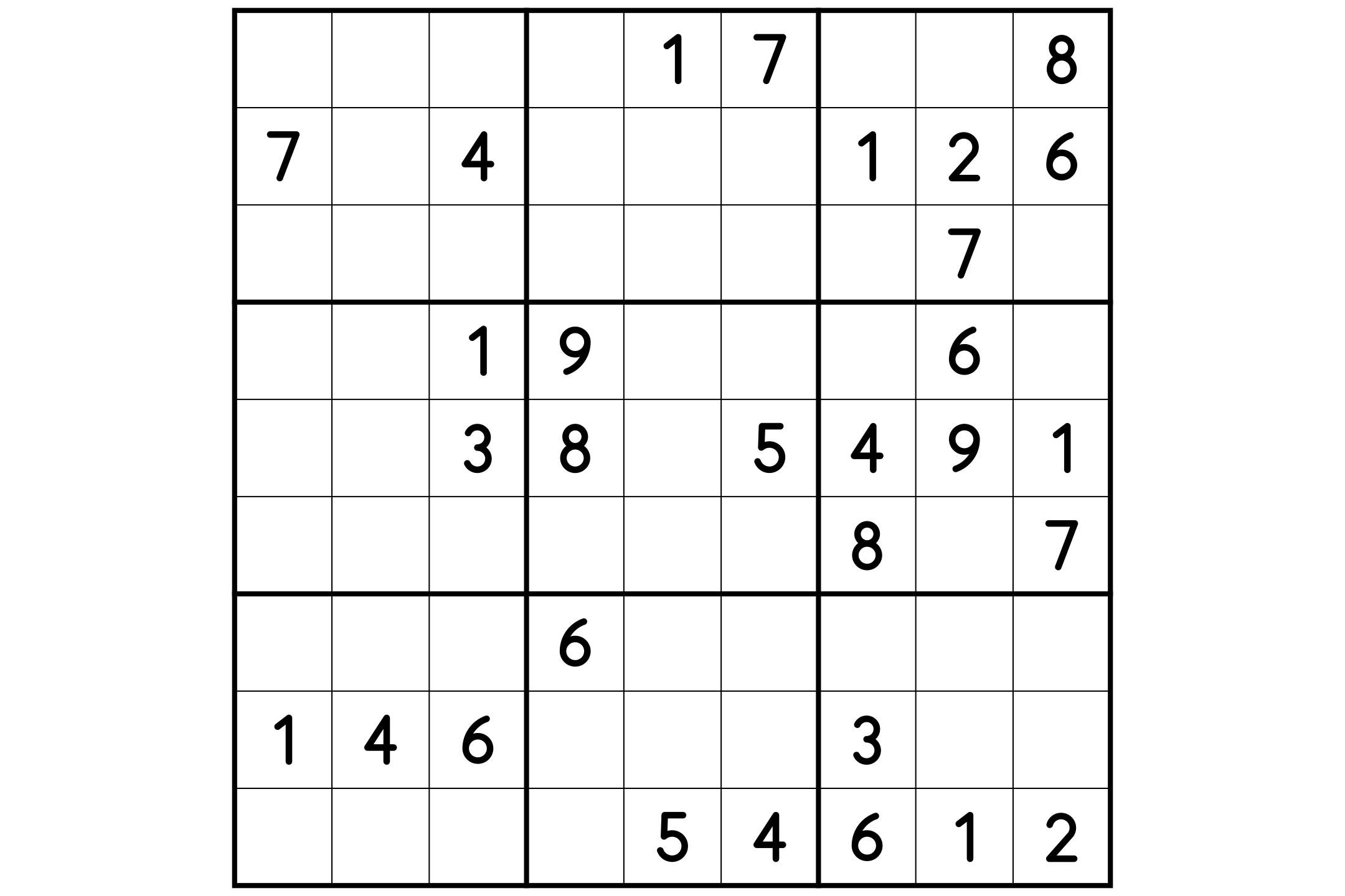 A 9x9 sudoku grid, its three-by-three boxes outlined in thick lines, with a few digits already filled in, in black on white.