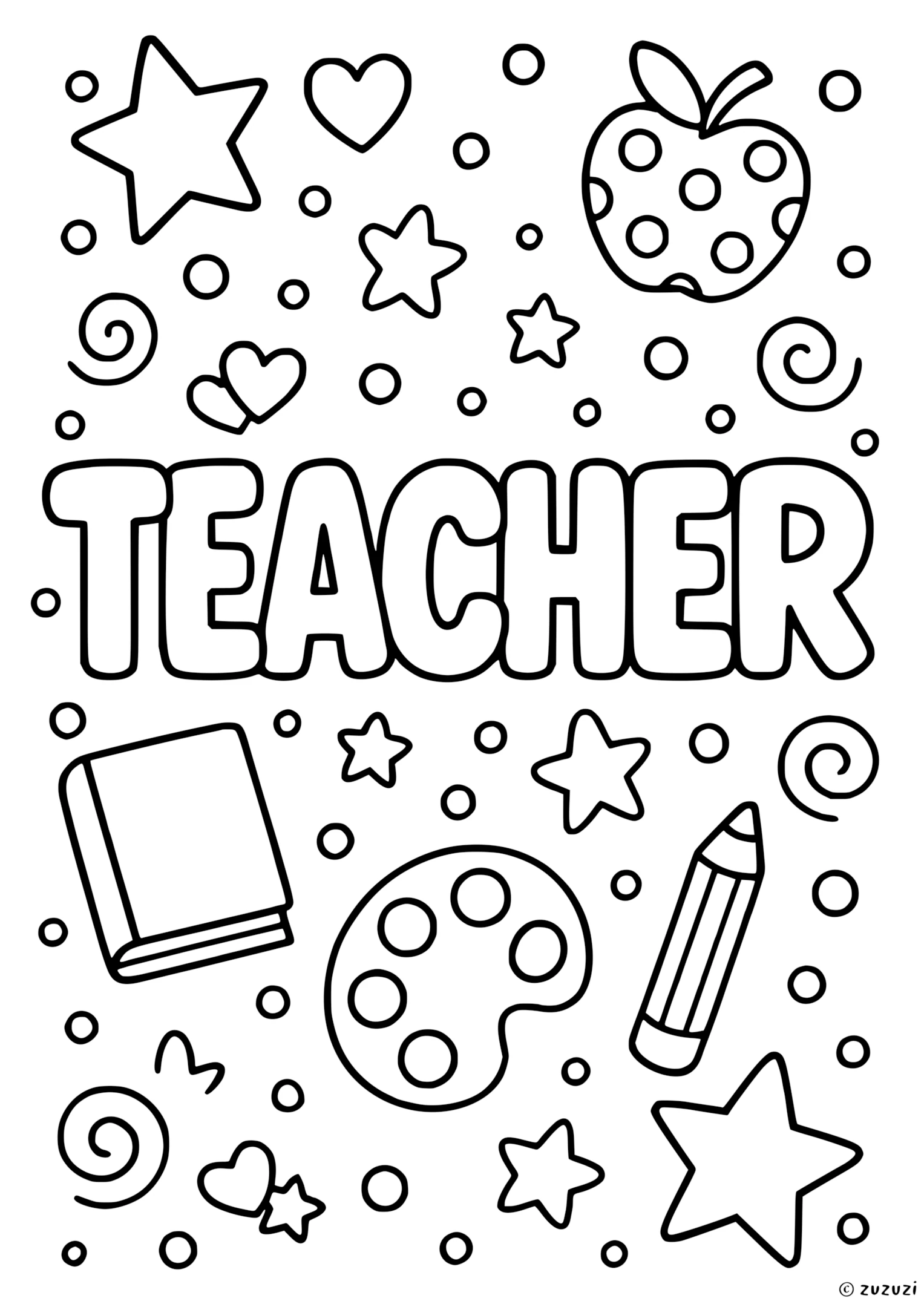 Coloring page with the word 'Teacher' in bubble letters, surrounded by an apple, stars, book, pencil, and paint palette.