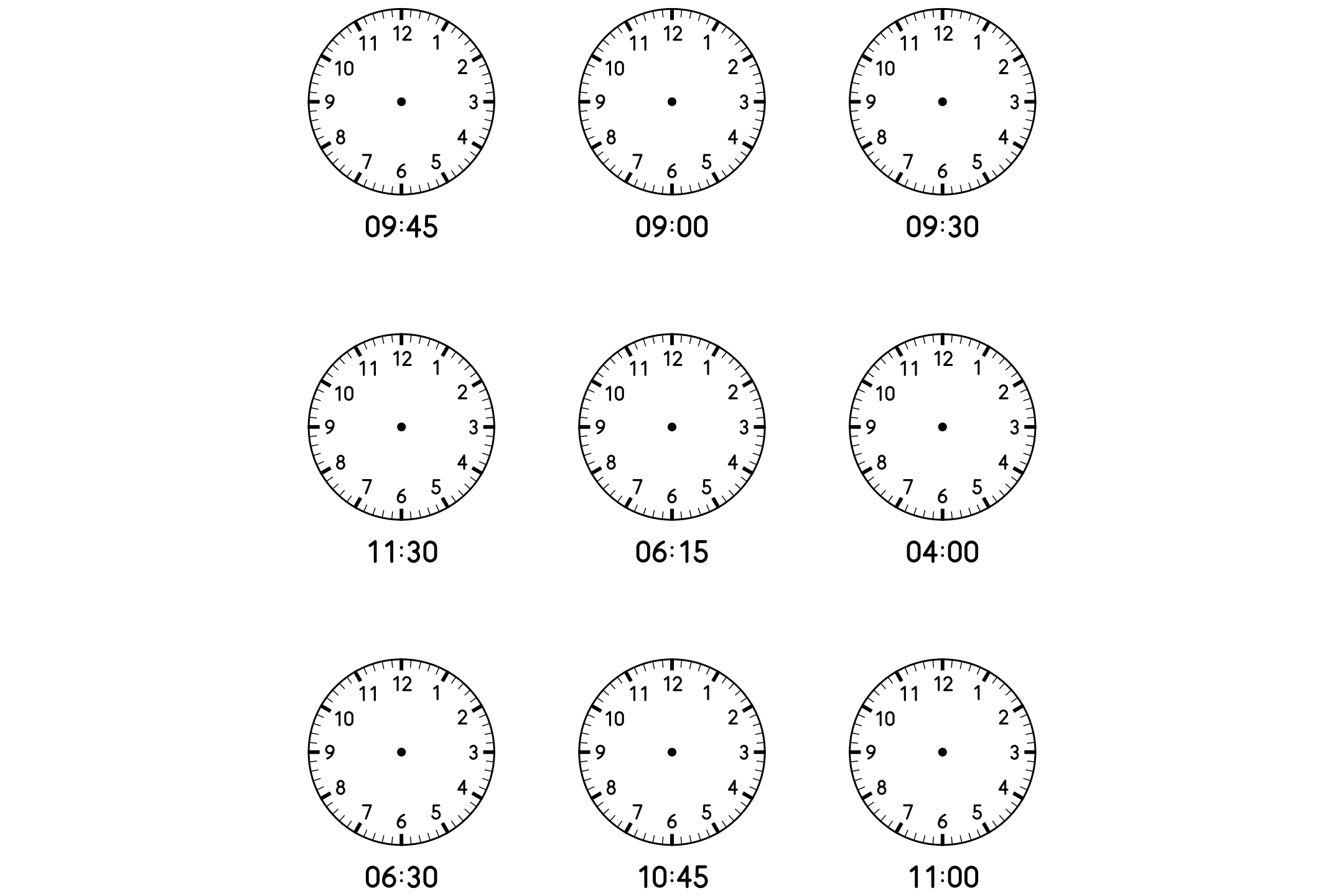 Empty analog clocks with a time written under each one, ready for drawing the hands, in black and white.