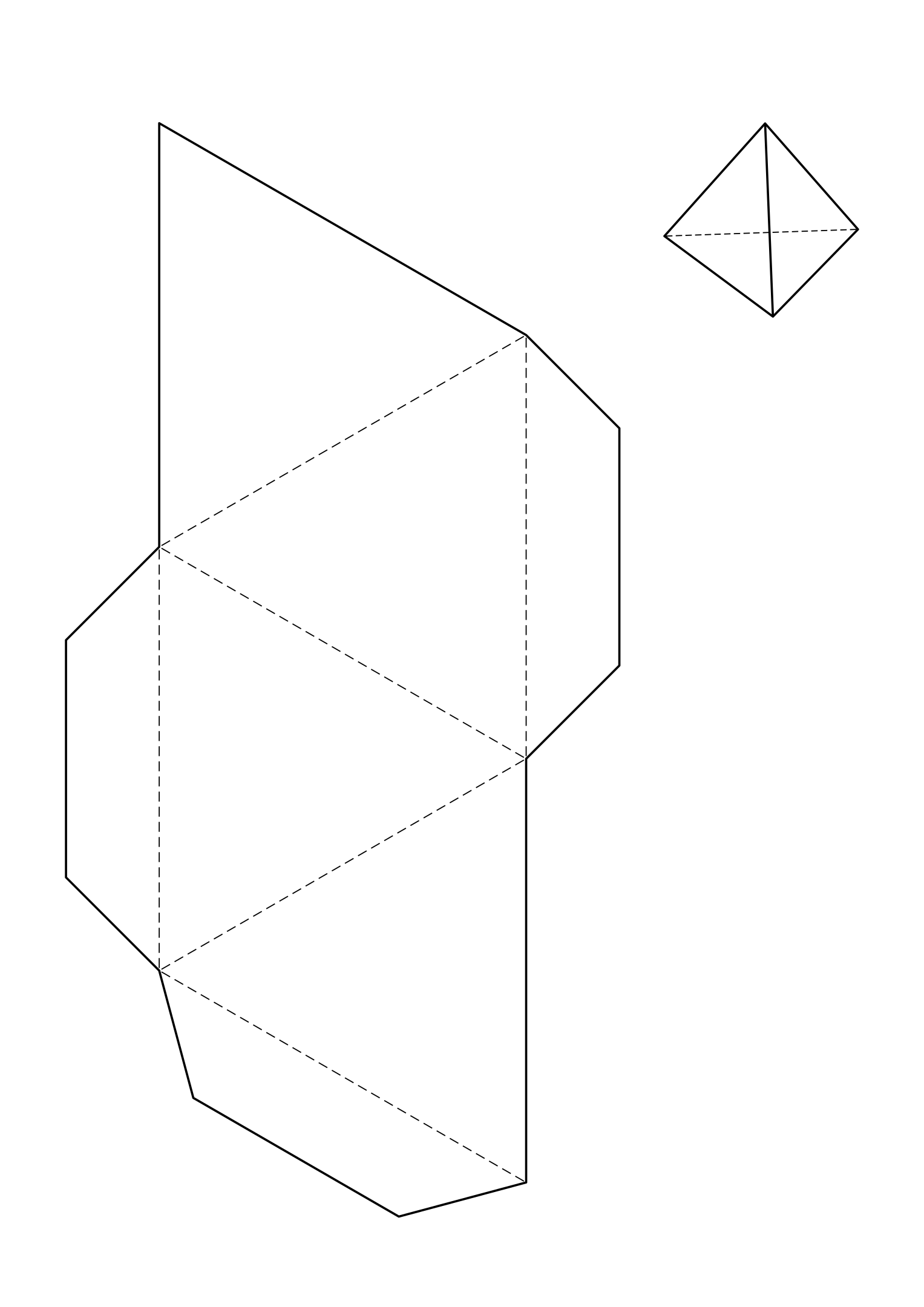 Tetrahedron net: four equilateral triangles that fold into a pyramid on a triangular base, glue tabs included.