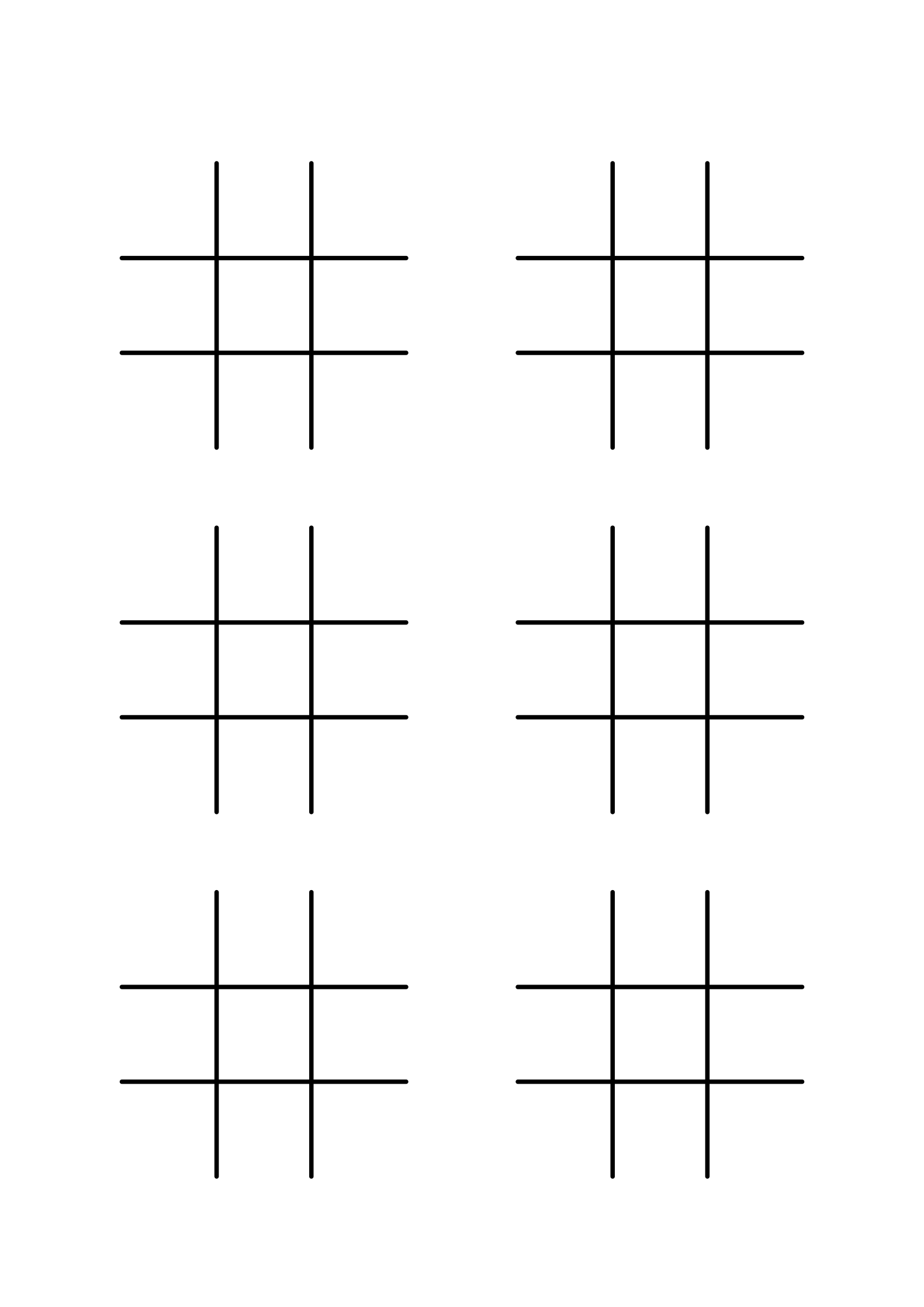 Six 3x3 boards in the hand-drawn # style, two per row.