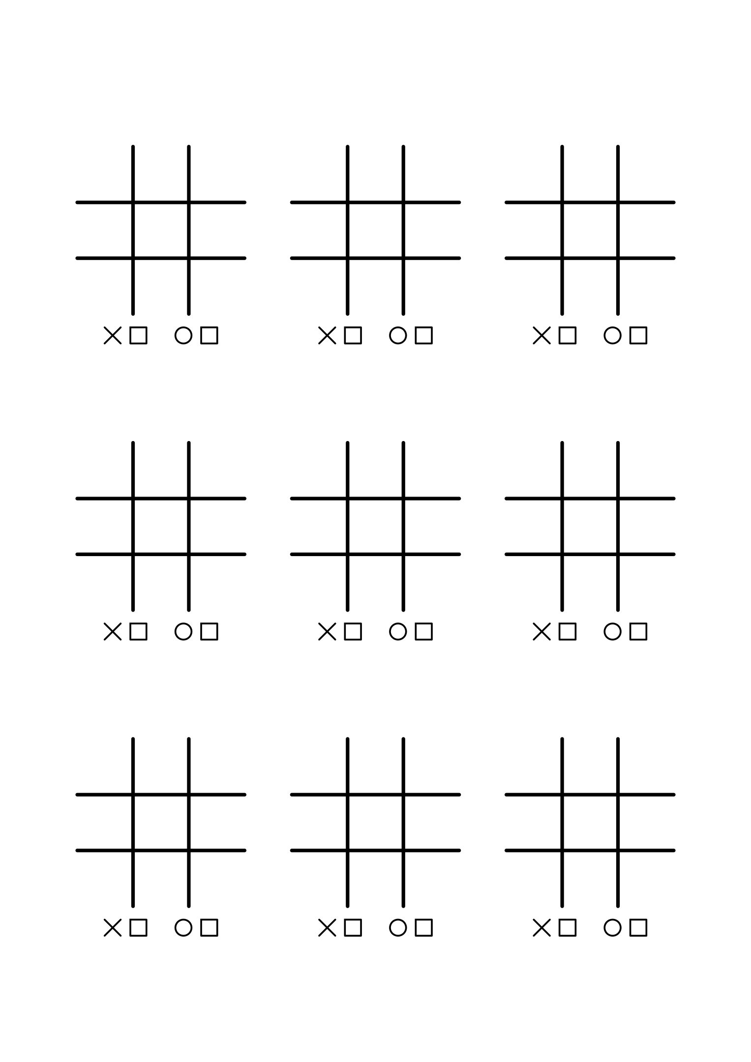 Nine 3x3 boards, each with a cross, a circle and two boxes beneath to tick the winner.