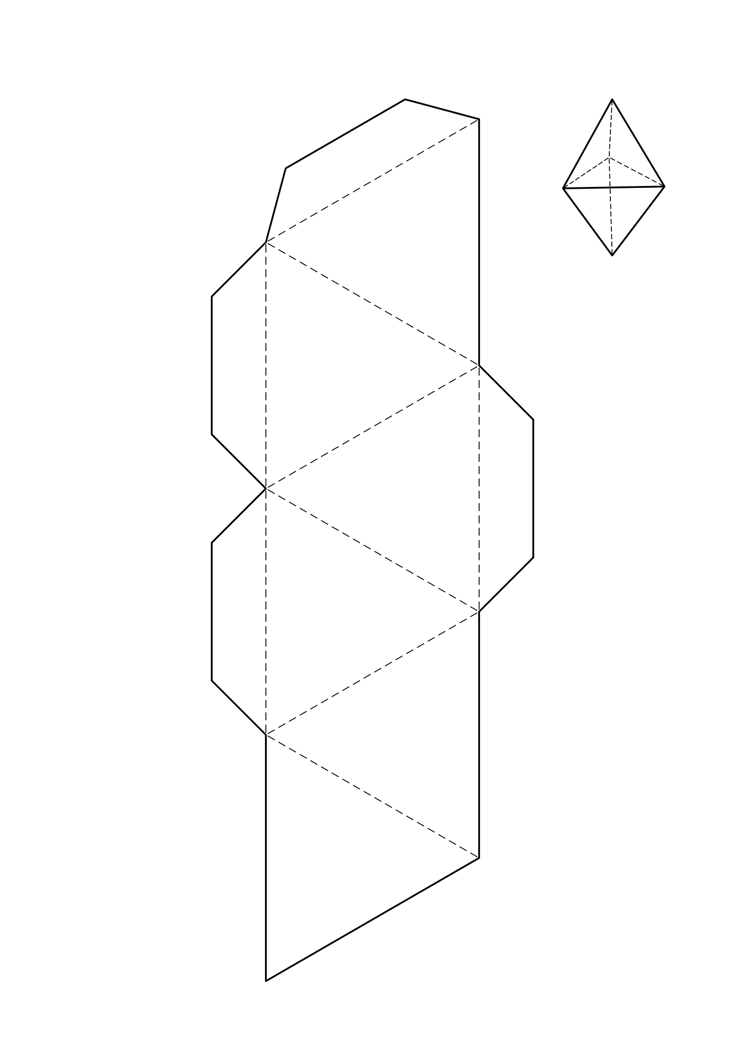 Triangular bipyramid net: six triangles that close into two pyramids sharing a hidden base.