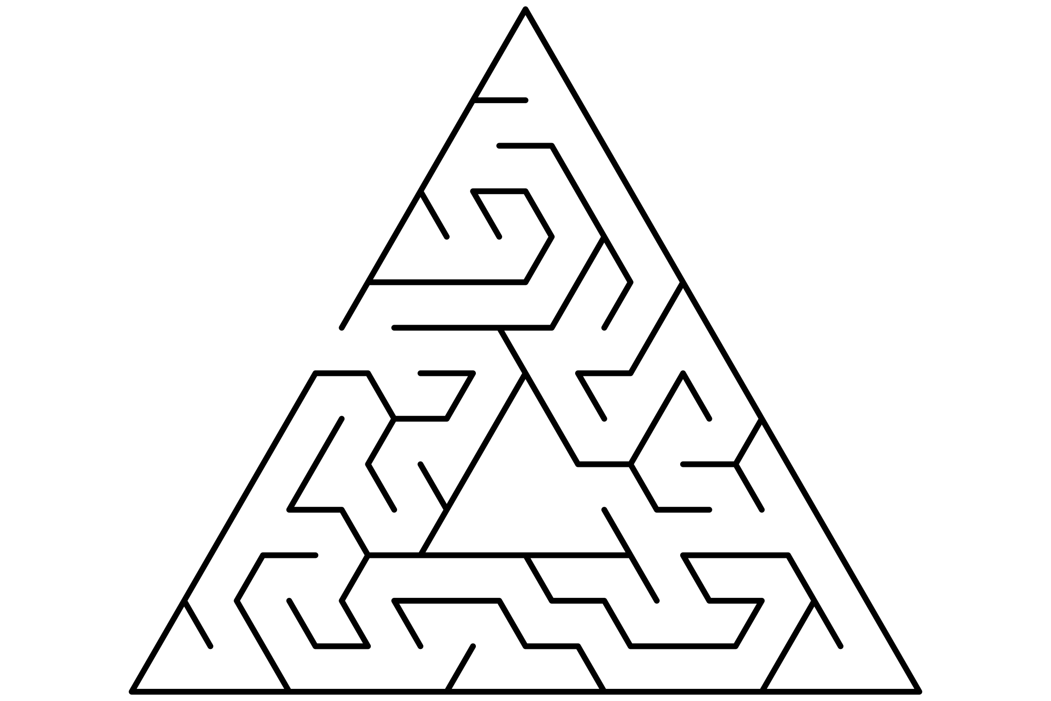 Hard triangular maze in black and white, with angled corridors.