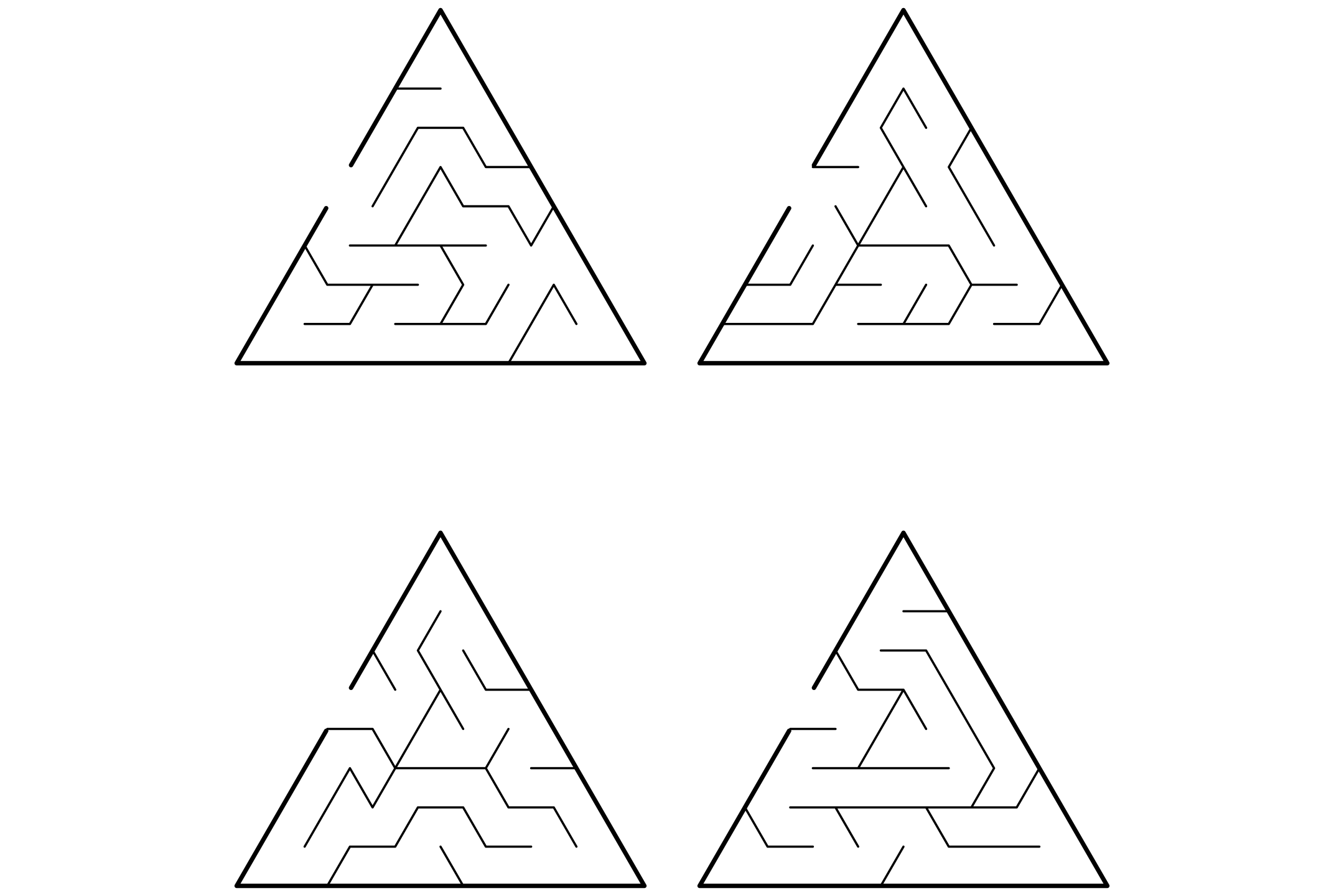 Four triangular mazes in black and white on one page, with angled corridors.