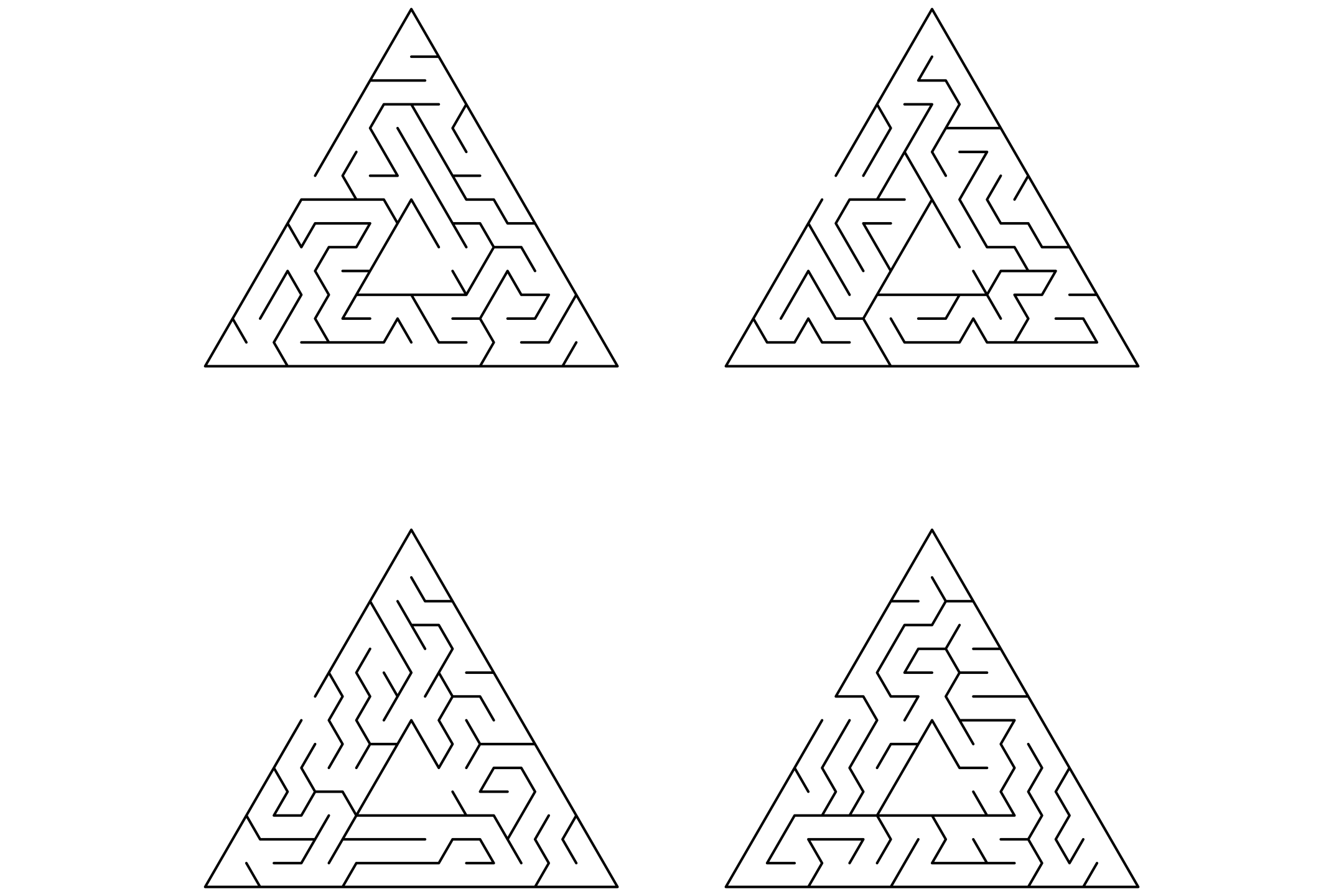 Four triangular mazes in black and white on one page, with angled corridors.