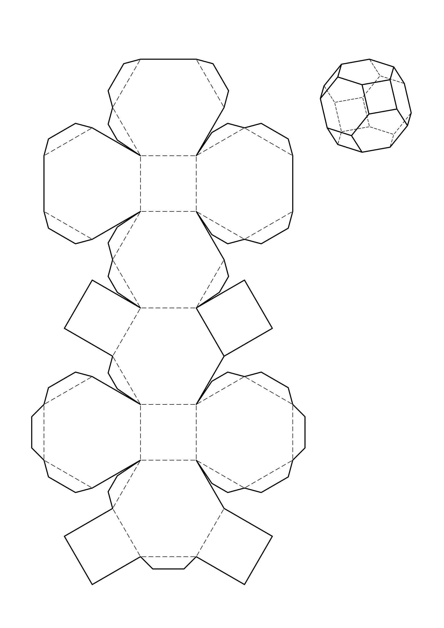 Truncated octahedron net: six squares and eight hexagons, a solid that packs with no gaps.