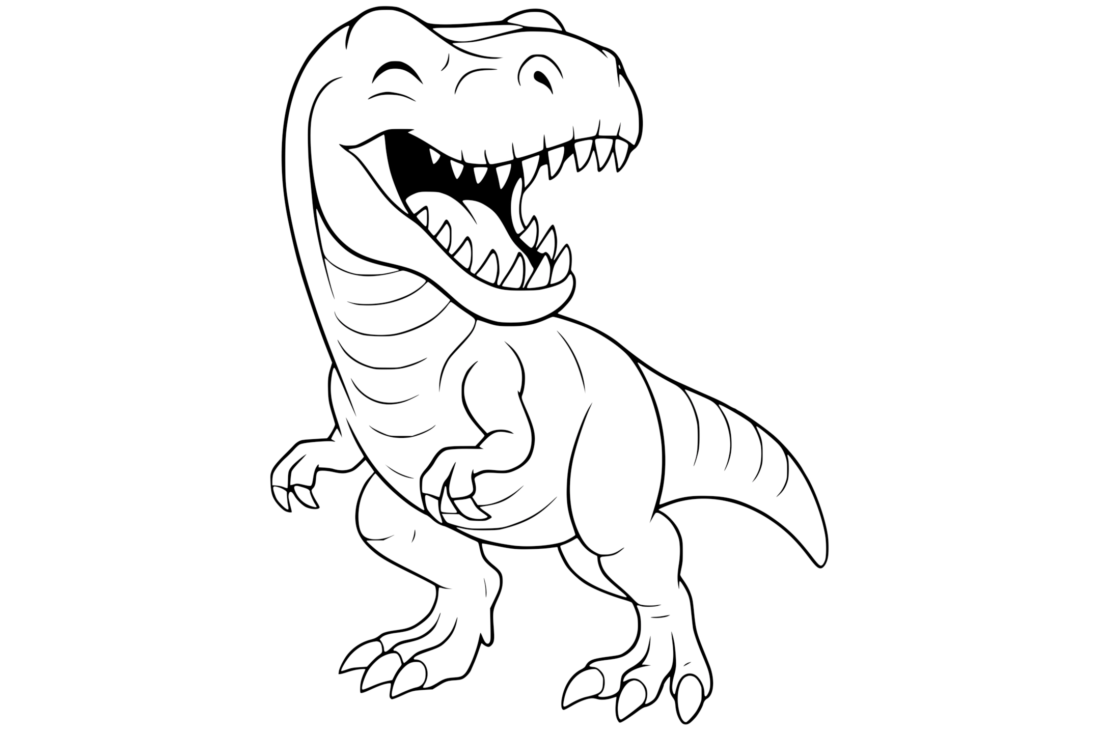 T-Rex Dinosaur with sharp teeth, two legs, small arms, a big head, and a long tail.