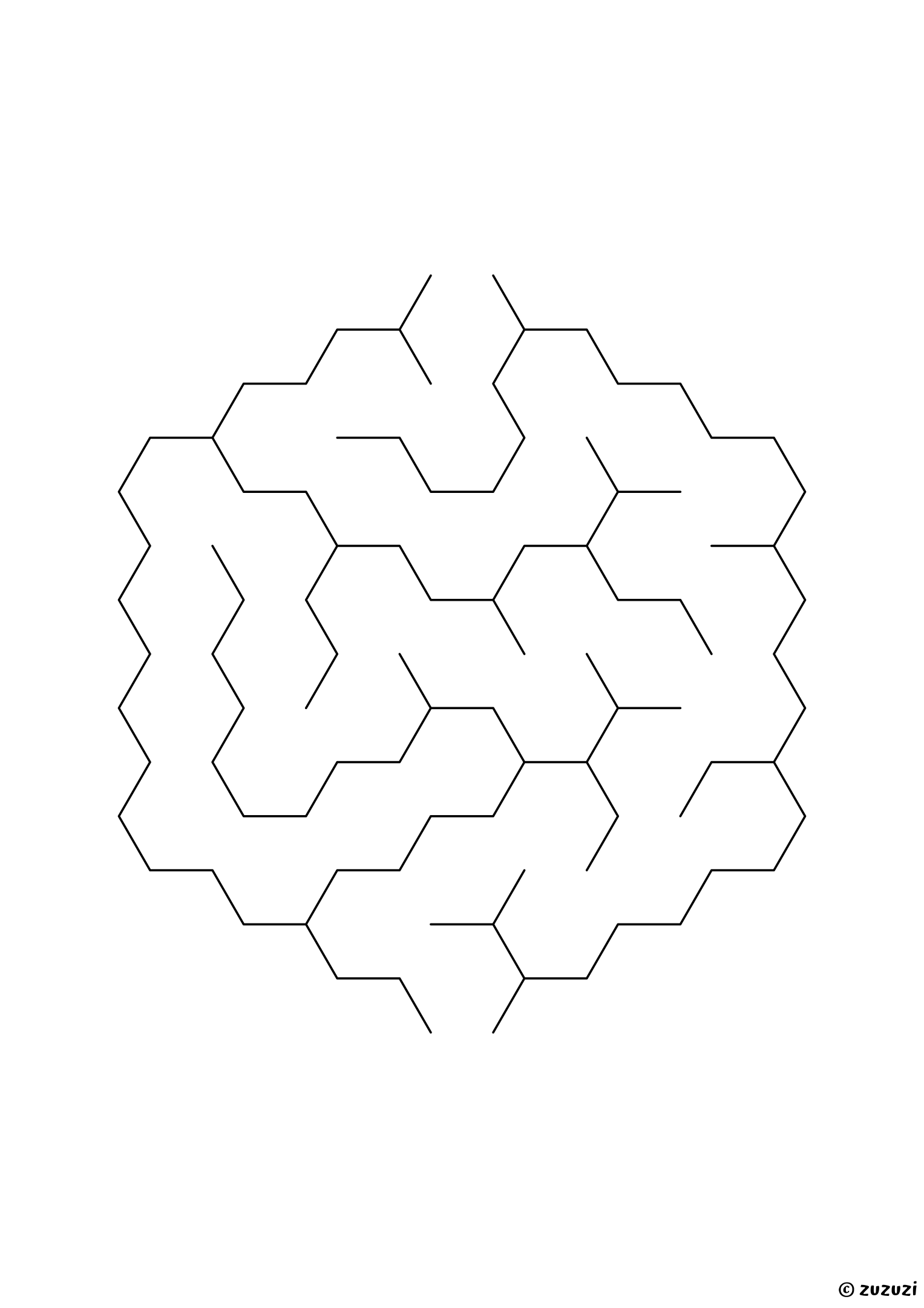 Very easy hexagonal maze made of honeycomb cells, black-and-white lines, designed for preschool and early learners, variant 1.