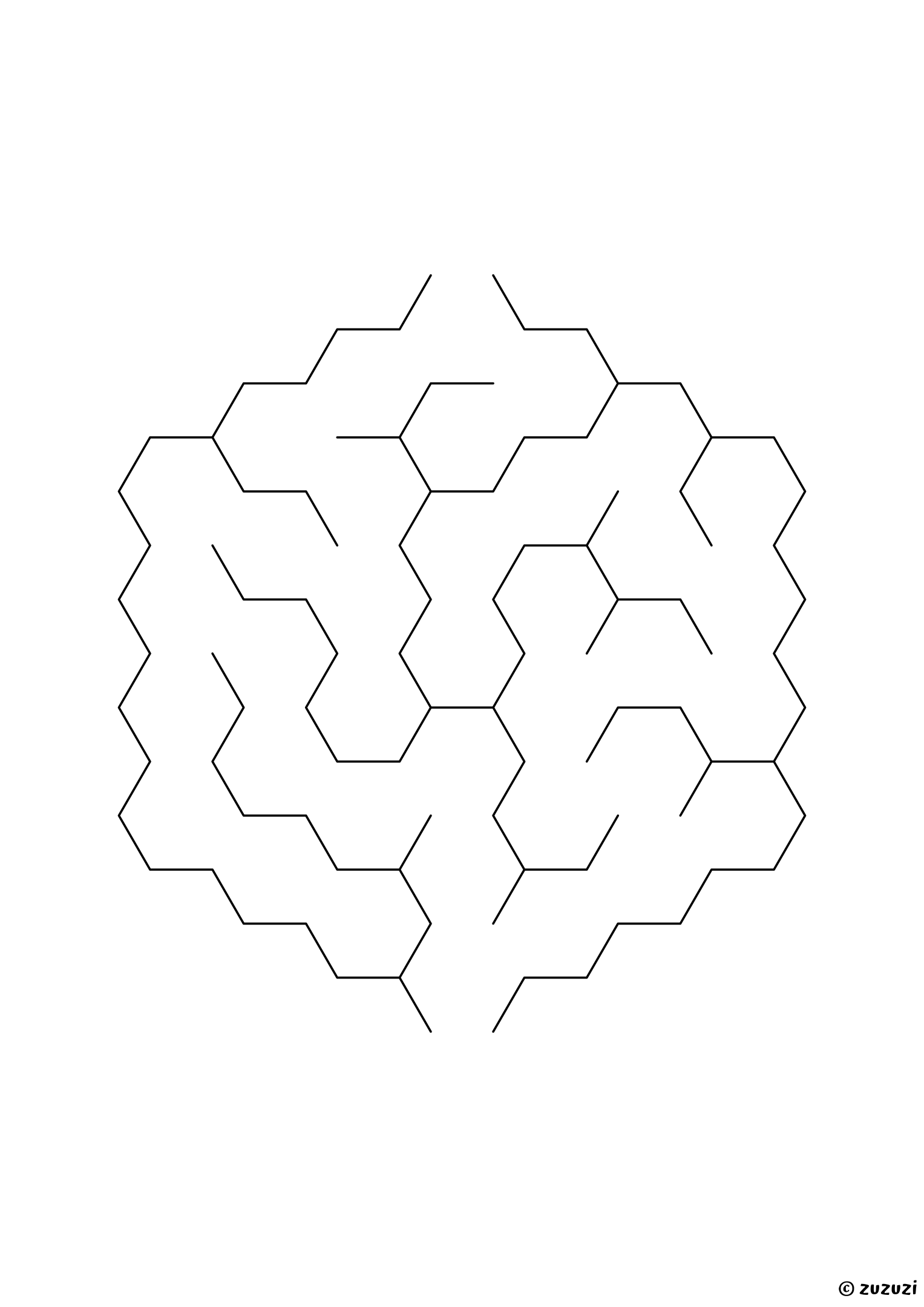 Very easy hexagonal maze made of honeycomb cells, black-and-white lines, designed for preschool and early learners, variant 2.