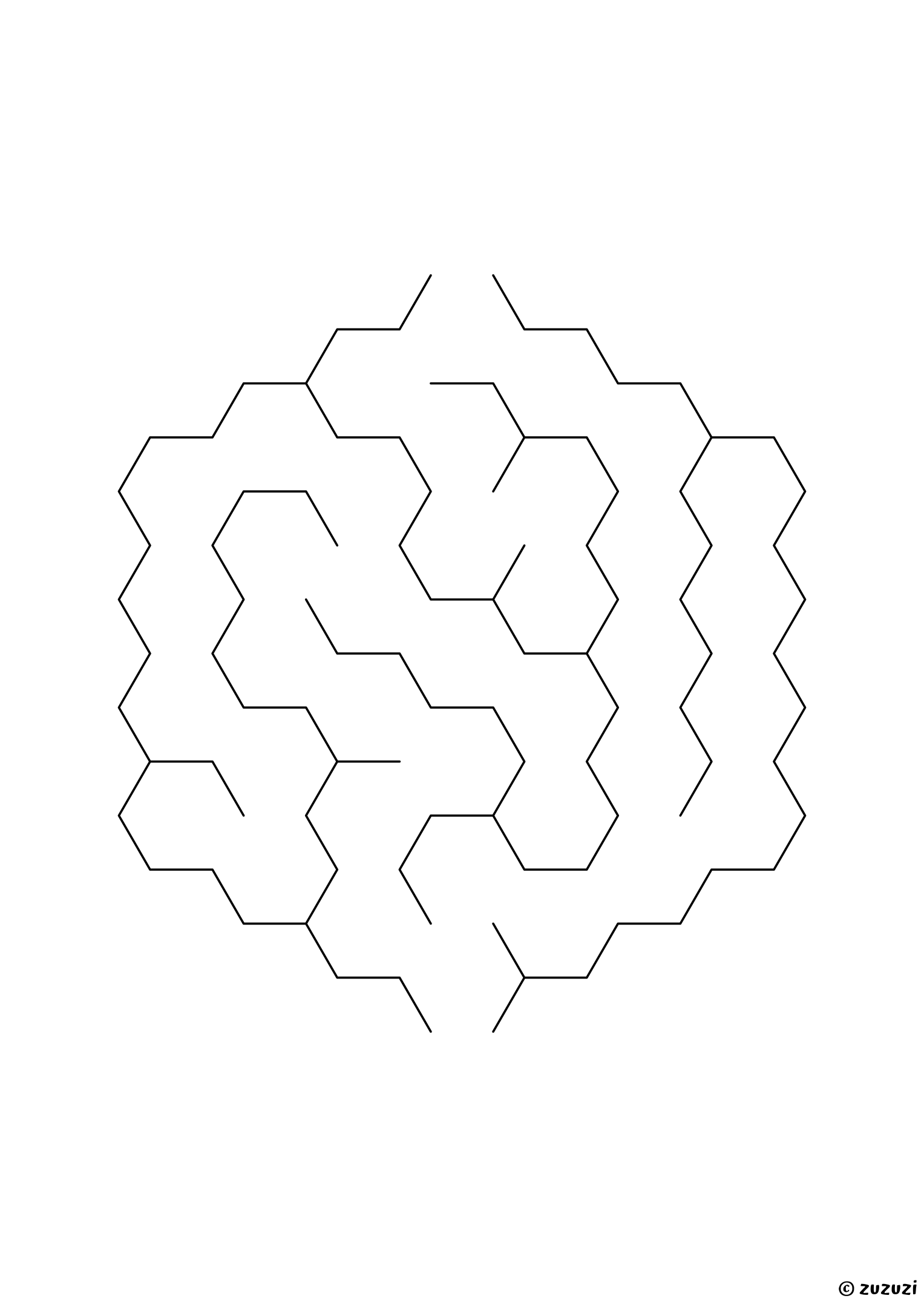 Very easy hexagonal maze made of honeycomb cells, black-and-white lines, designed for preschool and early learners, variant 3.