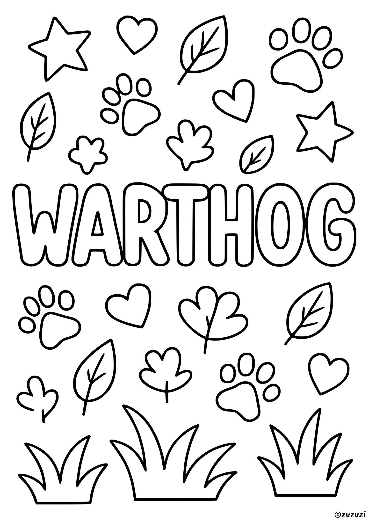 Coloring page with the word 'Warthog' in bold bubble letters surrounded by stars, hearts, leaves, paw prints, and grass.