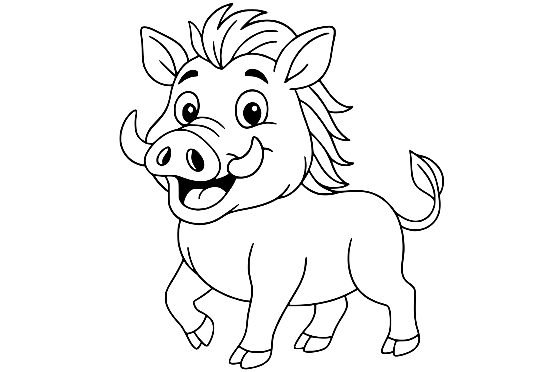Warthog with big eyes, a tufted mane, curled tail, and prominent tusks.