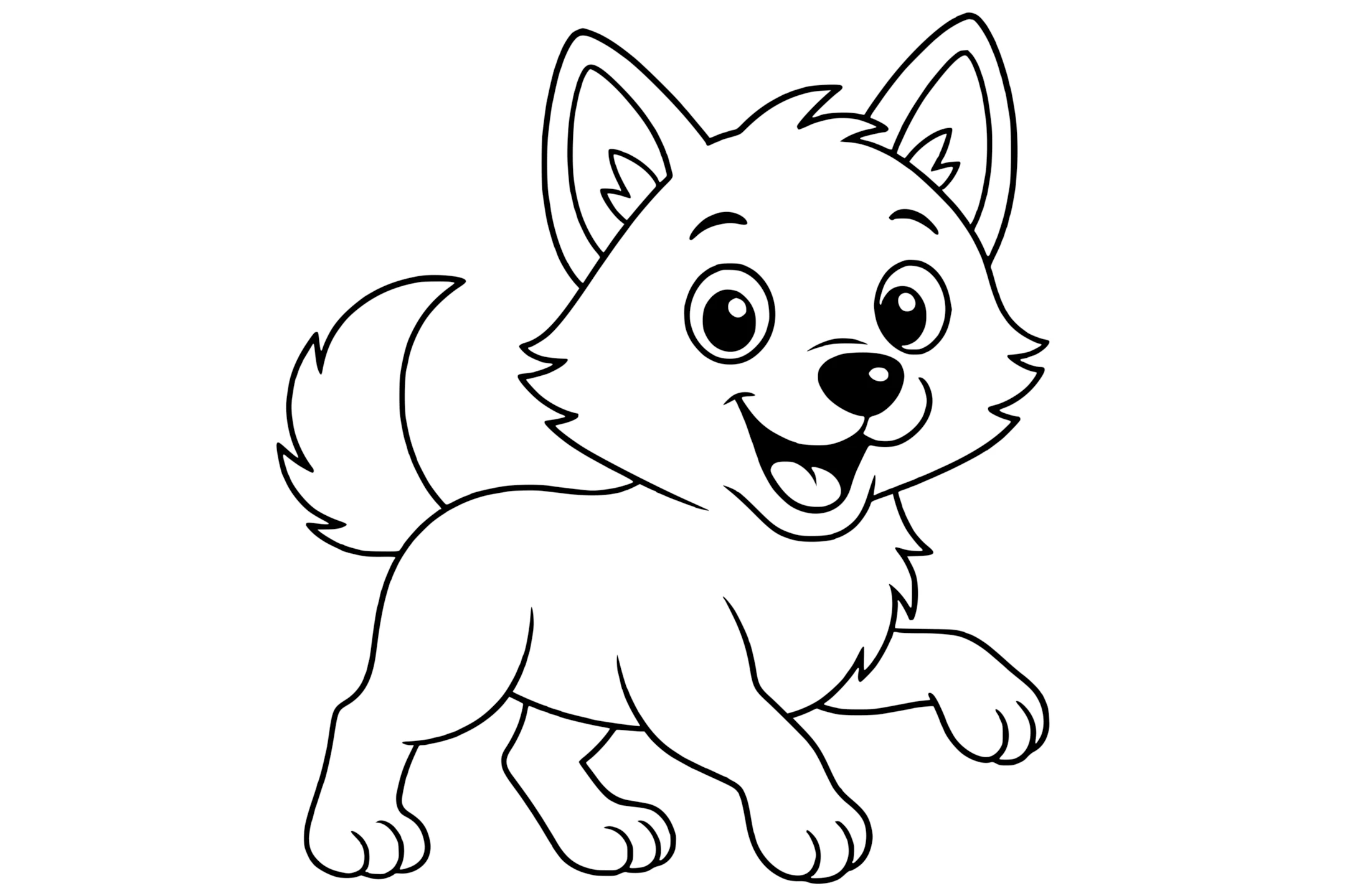 Wolf with pointy ears, fluffy tail, open mouth, and four raised paws.