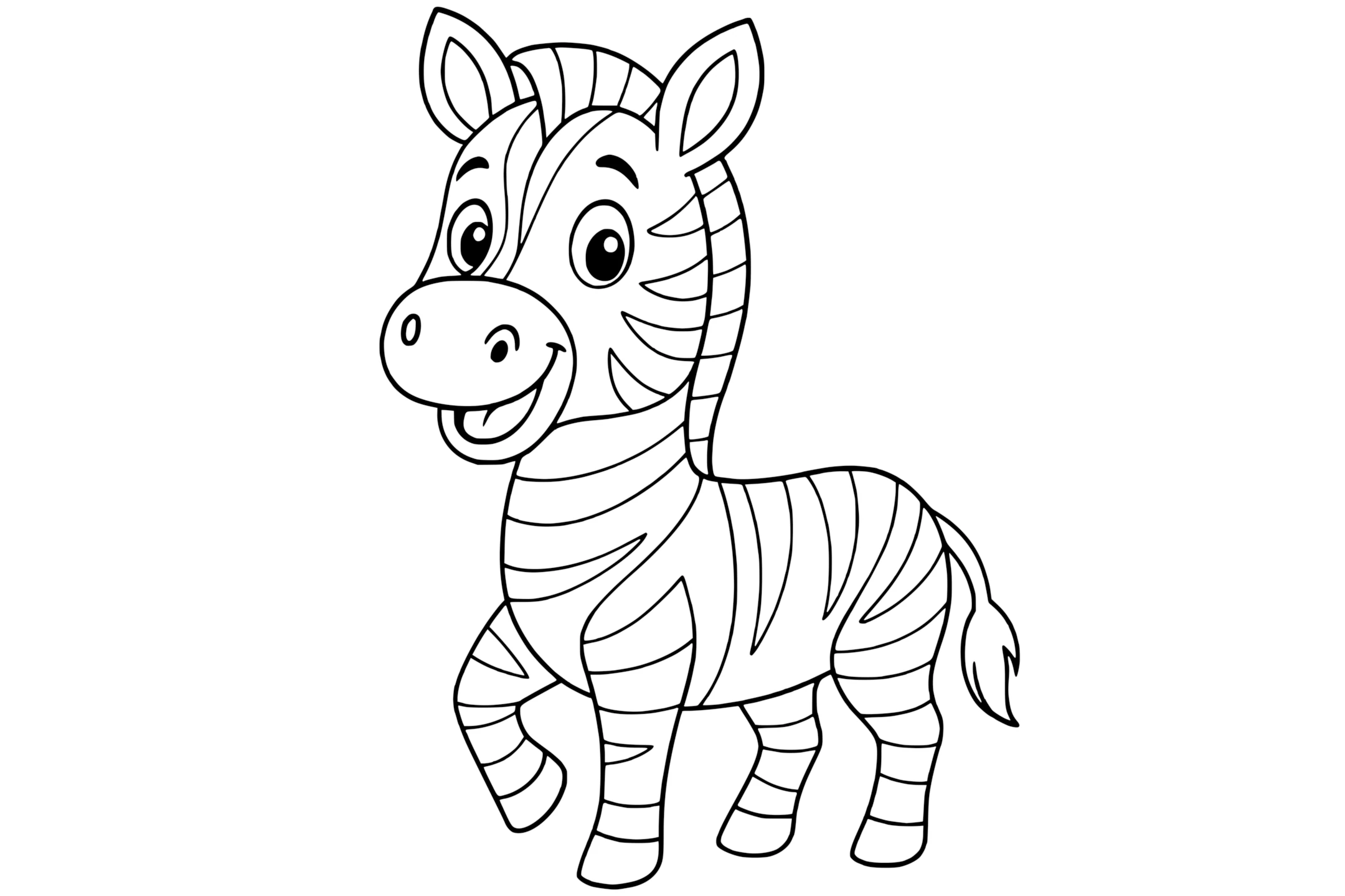 Zebra with striped body, upright ears, short mane, and one raised leg.